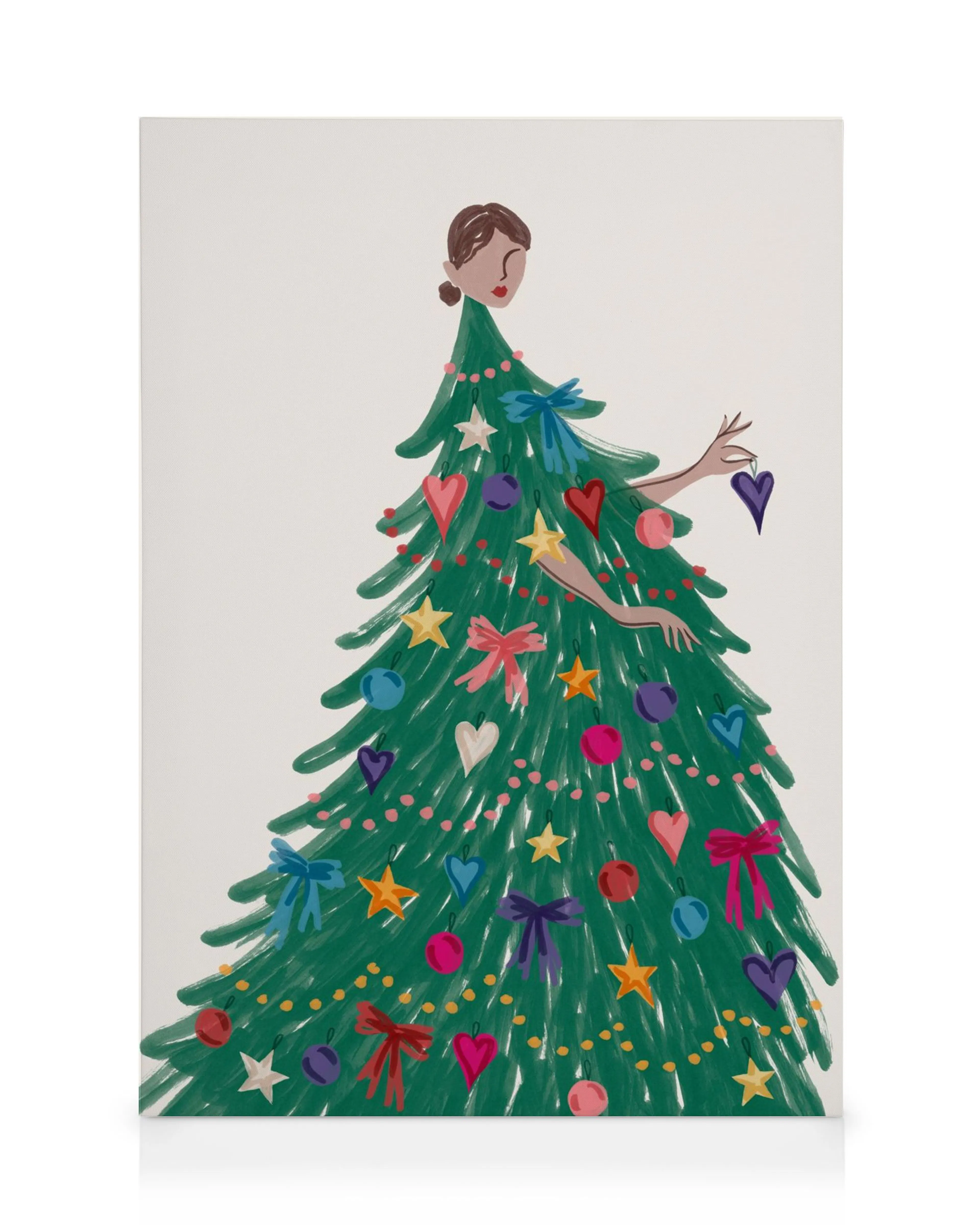 Tela de Natal com mulher em silhueta de árvore decorada com ornamentos coloridos e luzes.