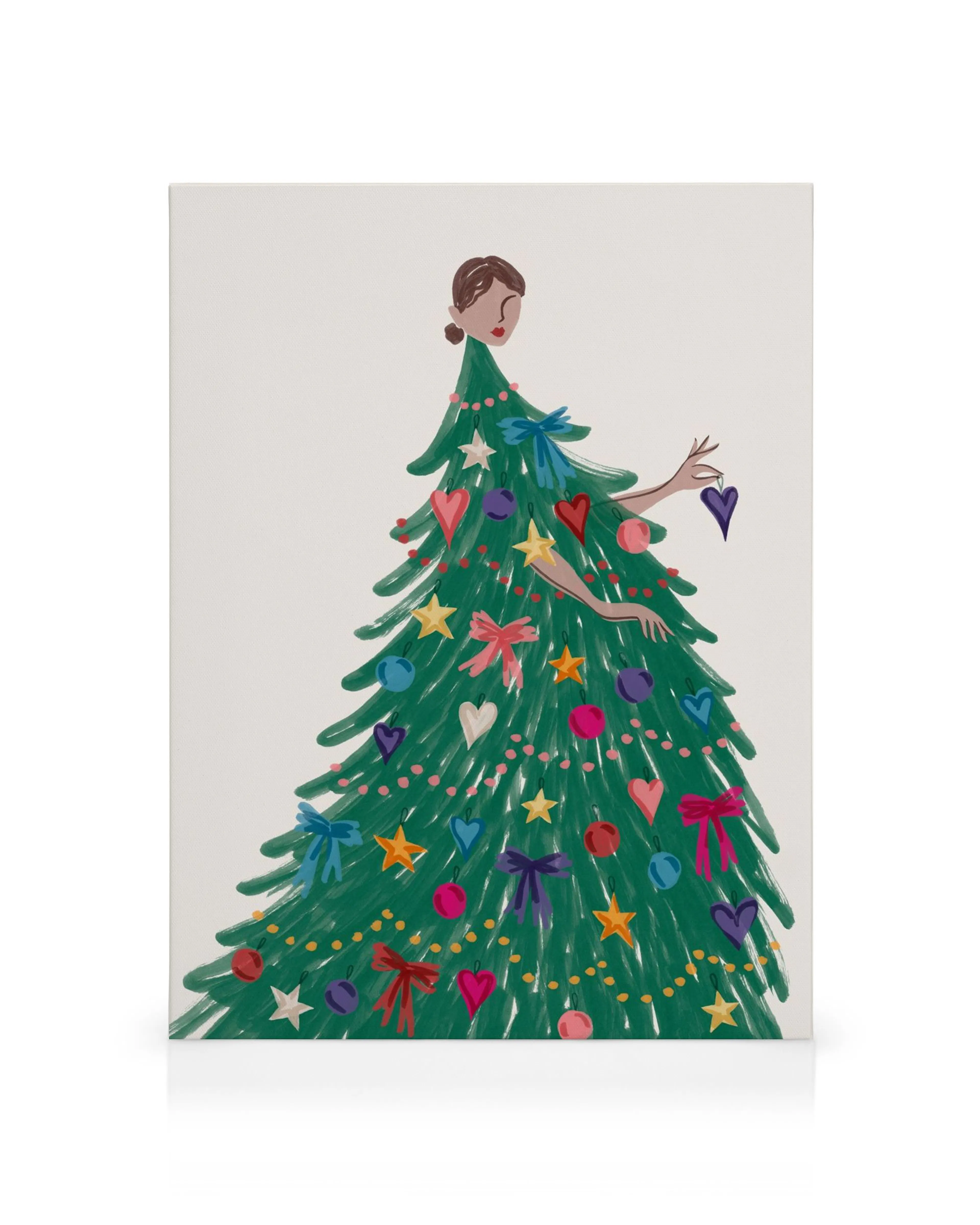 Festive holiday canvas print of a womans silhouette as a decorated Christmas tree with colorful ornaments.
