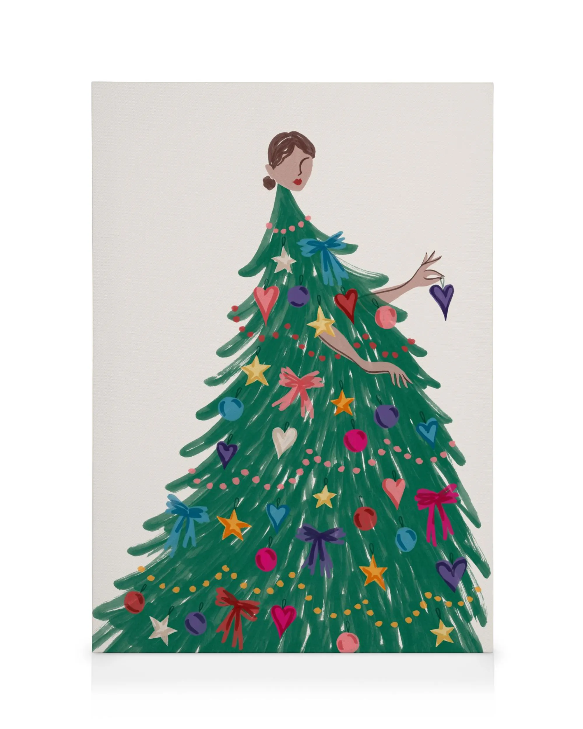 Stampa festiva di una donna stilizzata a forma di albero di Natale, decorata con ornamenti vivaci e luci brillanti.