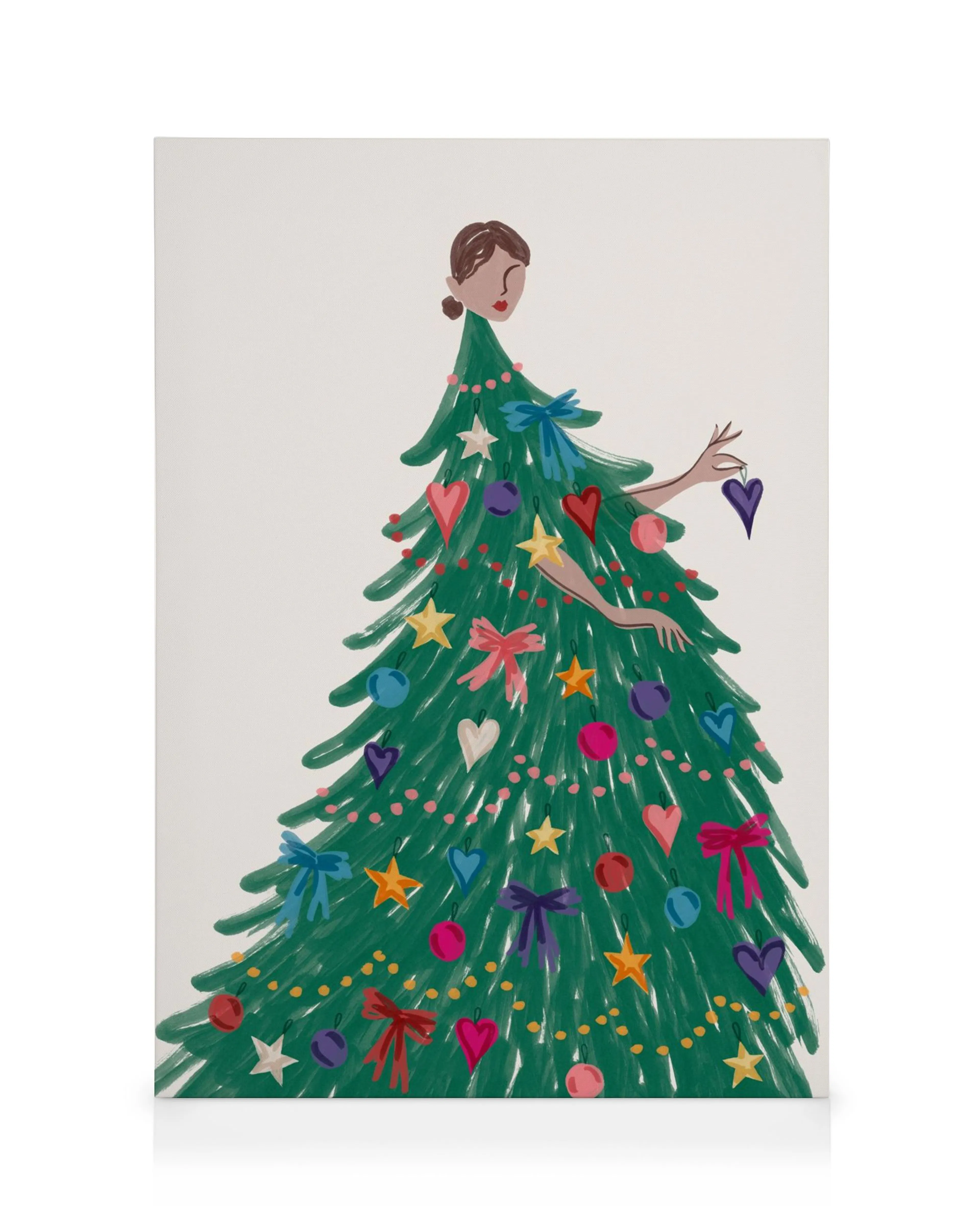 Stampa festiva di una donna stilizzata a forma di albero di Natale, decorata con ornamenti vivaci e luci brillanti.