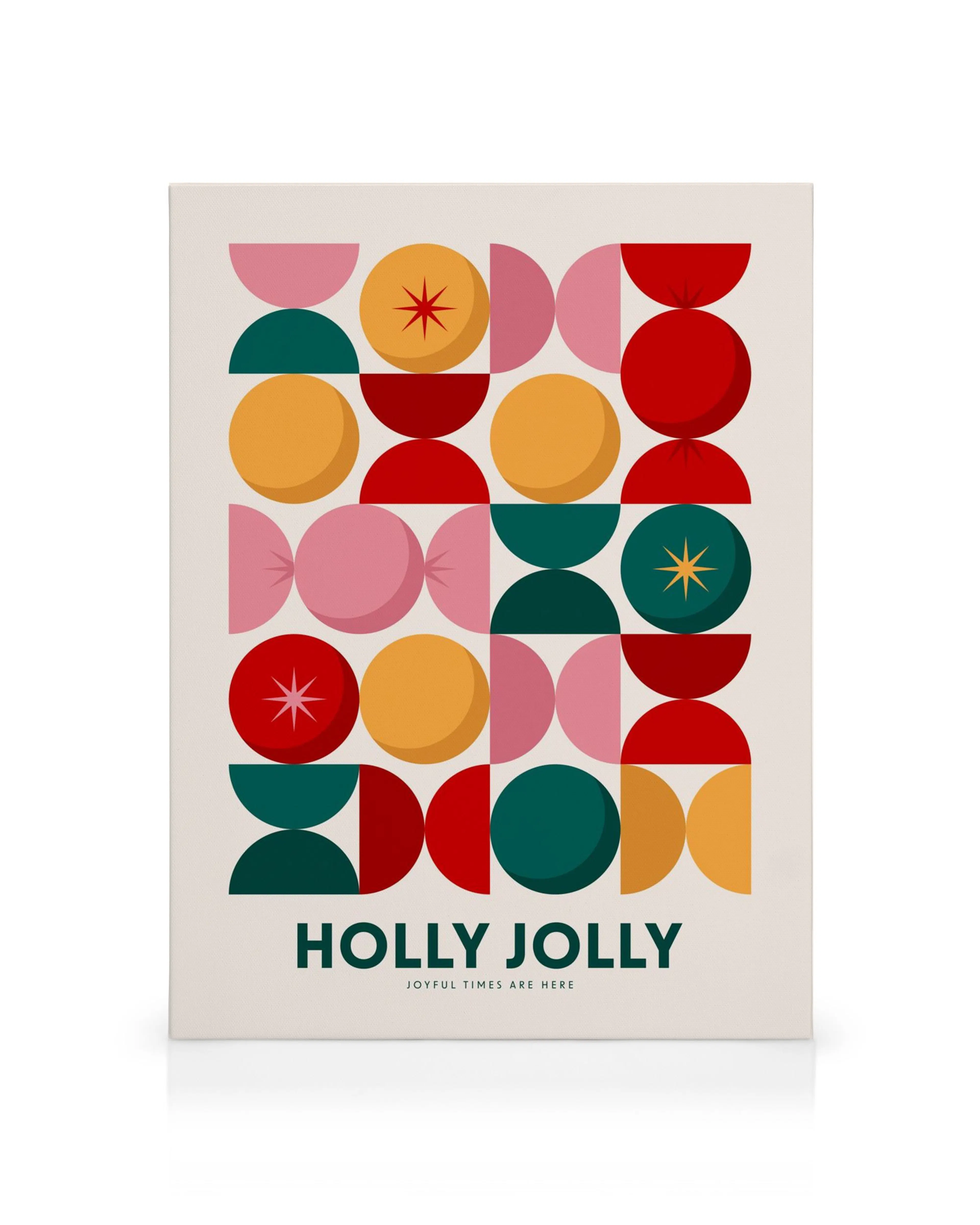 Feestelijk canvas met kleurrijke geometrische vormen, de tekst HOLLY JOLLY en een vrolijke kerstsfeer.