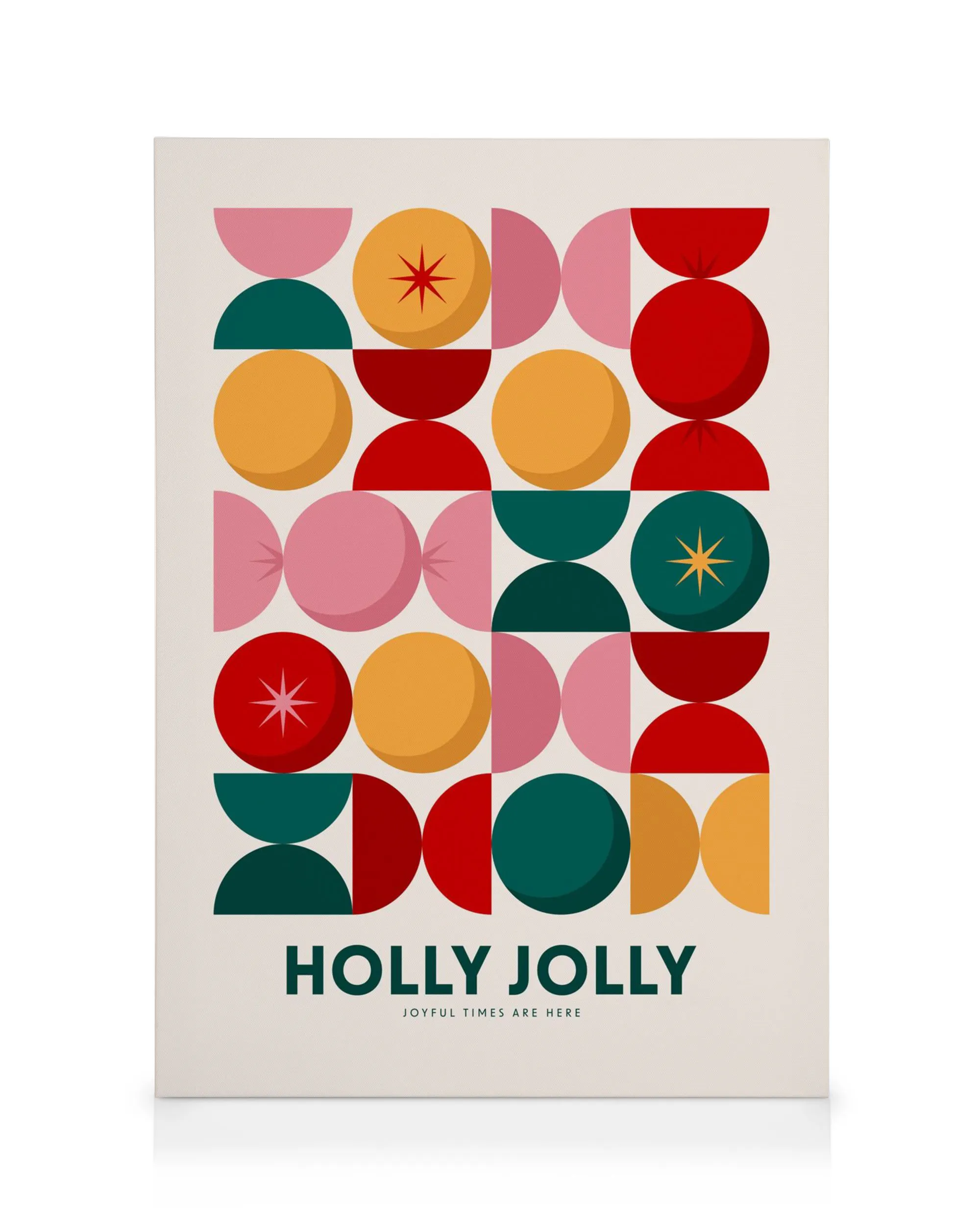Stampa su tela Holly Jolly con forme geometriche e cerchi colorati in rosso, verde acqua, rosa, giallo e arancione.