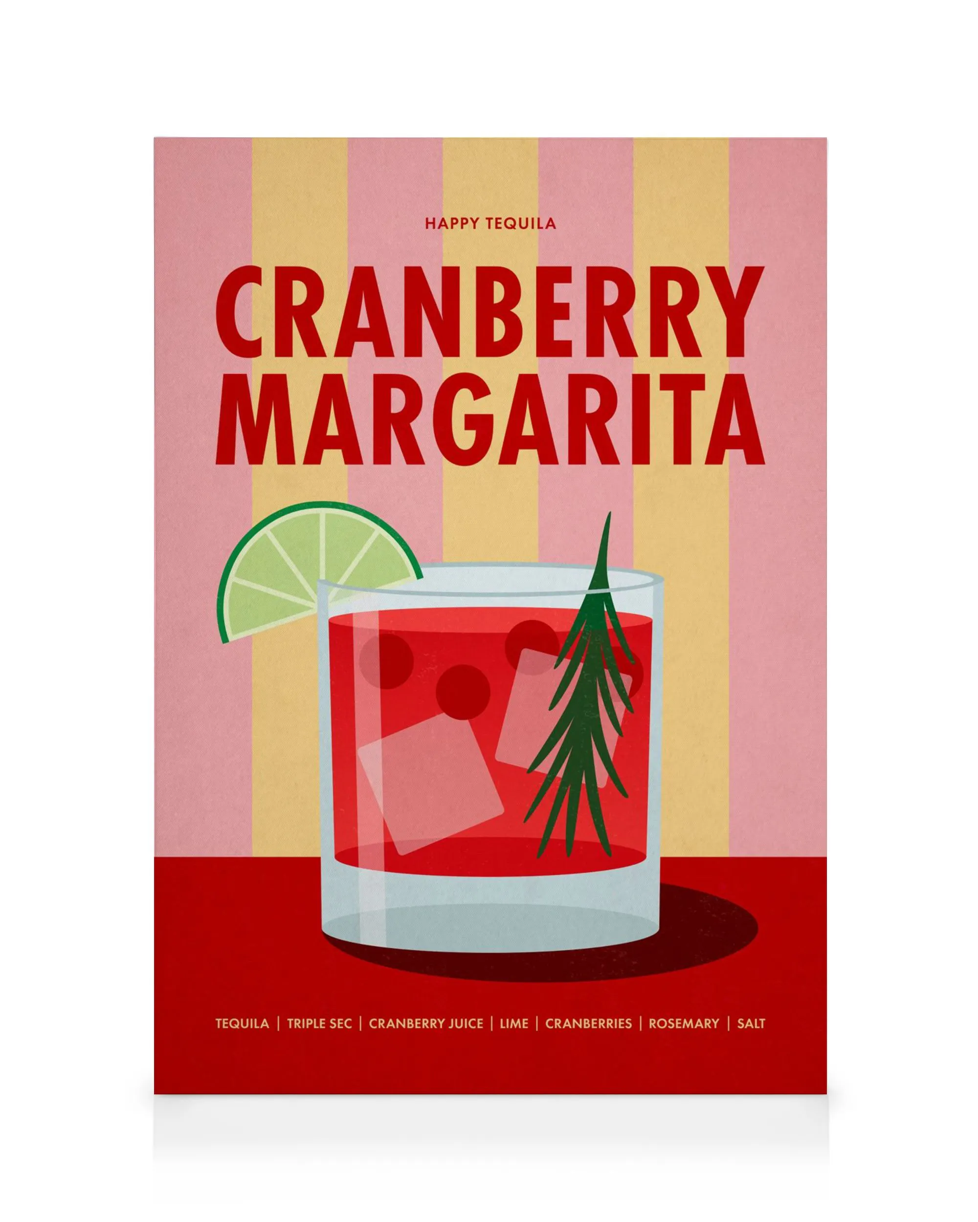 Stampa tela di Margarita al mirtillo rosso, con lime e rosmarino, su sfondo a righe.
