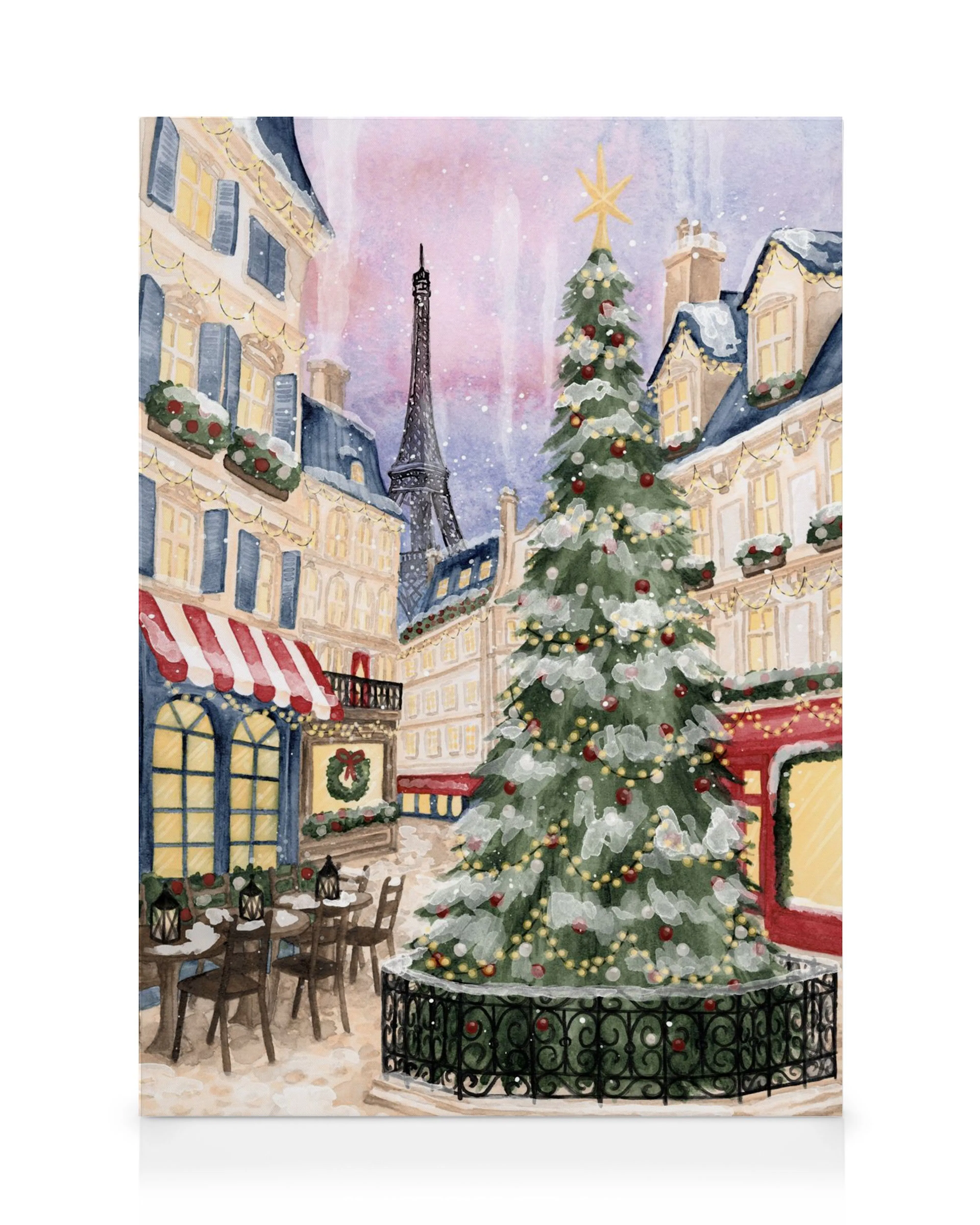 Tela de Natal com Torre Eiffel, árvore de Natal nevada, edifícios coloridos e café em Paris. Perfeita para decoração festiva.