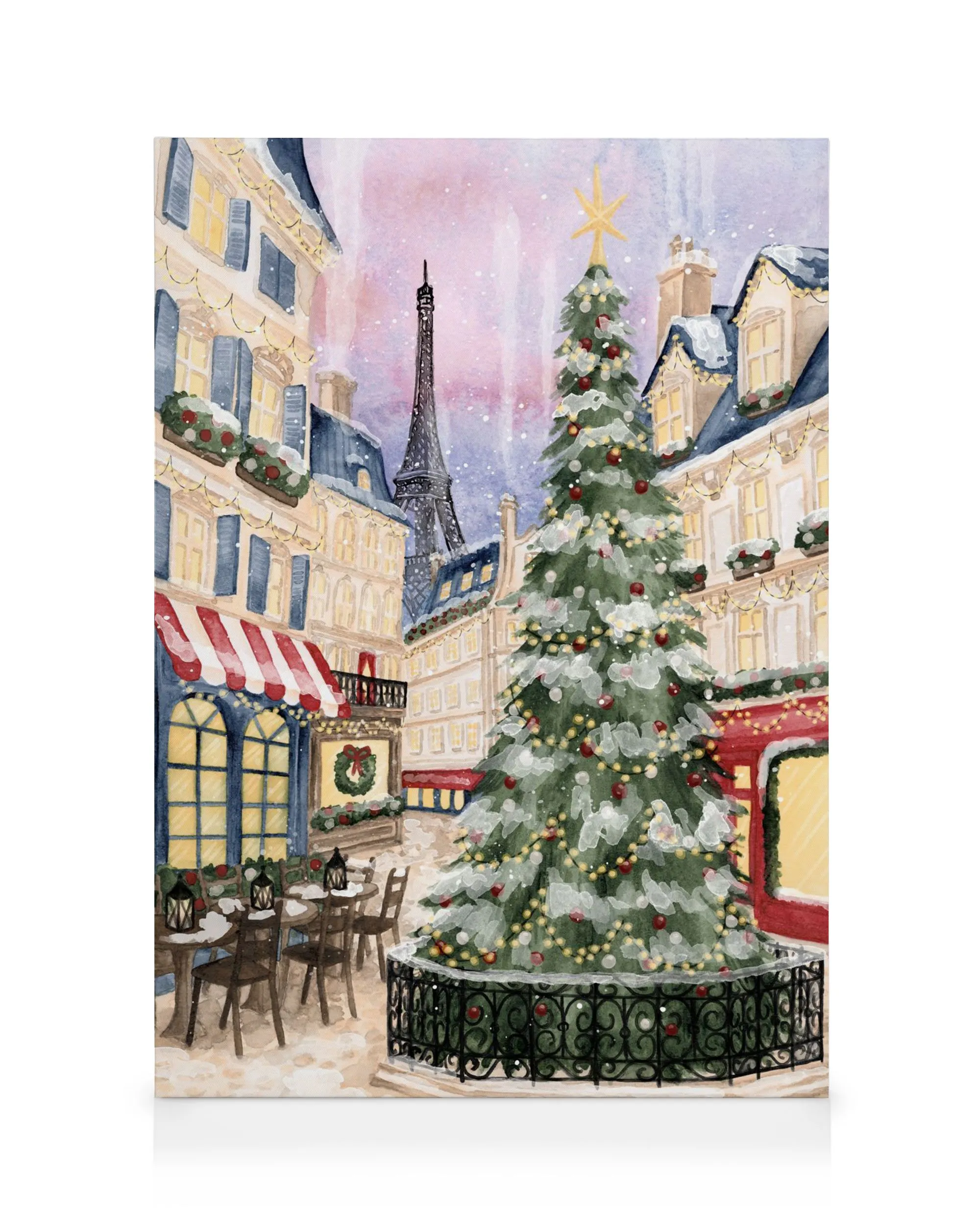 Stampa su tela con acquerello natalizio, albero di Natale innevato, Torre Eiffel, edifici parigini, sfondo rosa e blu.