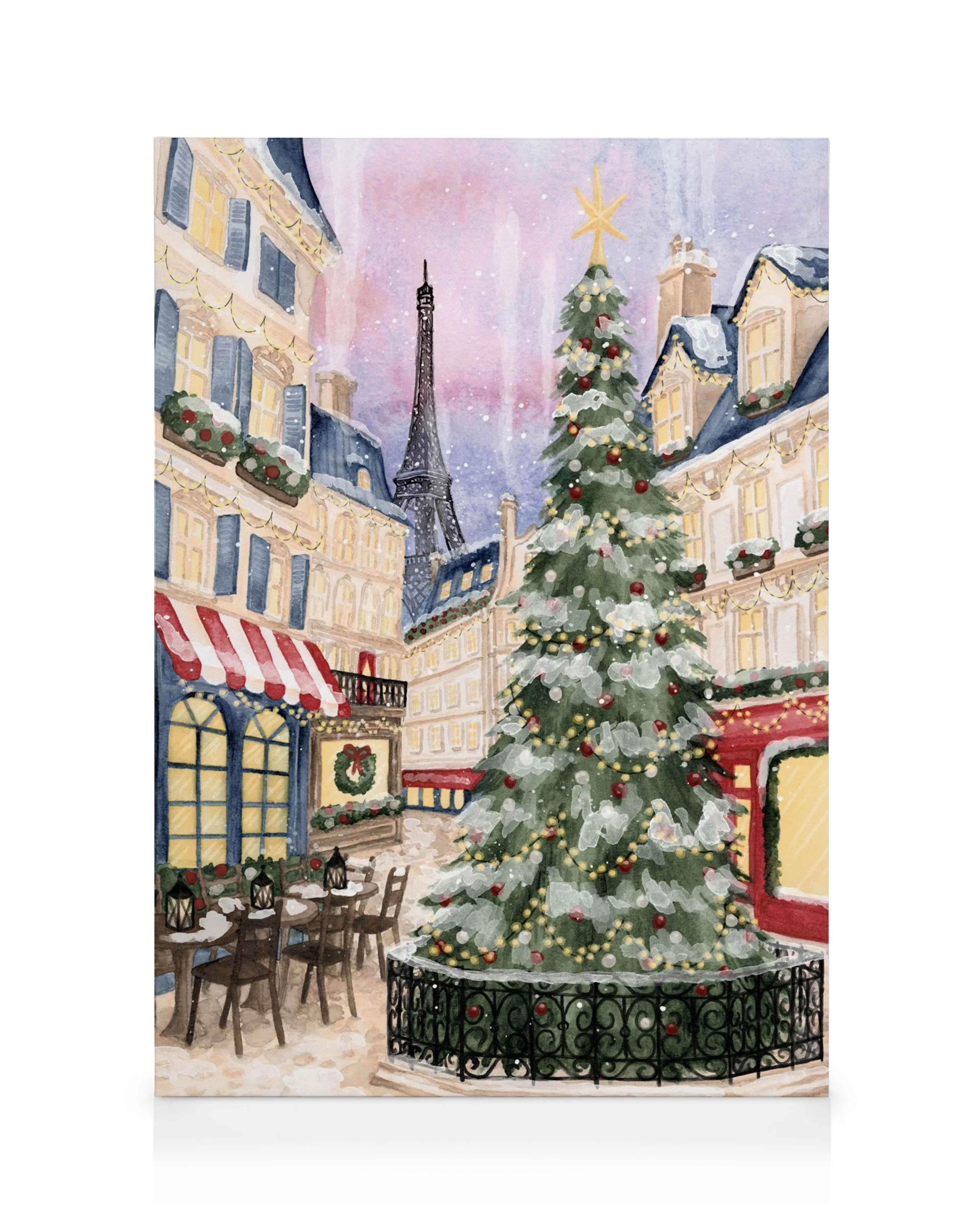 Stampa su tela con acquerello natalizio, albero di Natale innevato, Torre Eiffel, edifici parigini, sfondo rosa e blu.