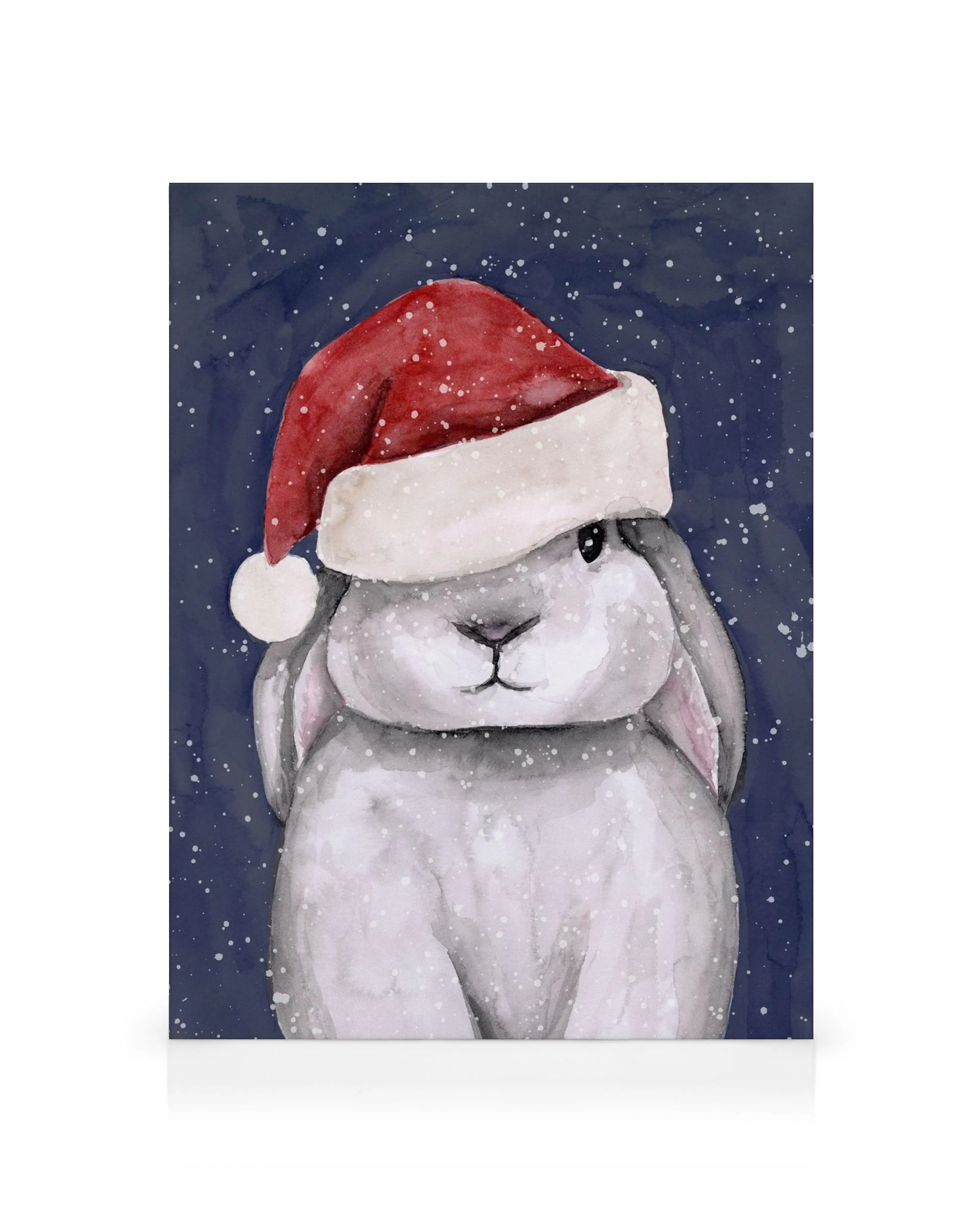 Toile de lapin gris avec bonnet de Père Noël, flocons de neige et fond bleu foncé. Illustration festive mignonne.