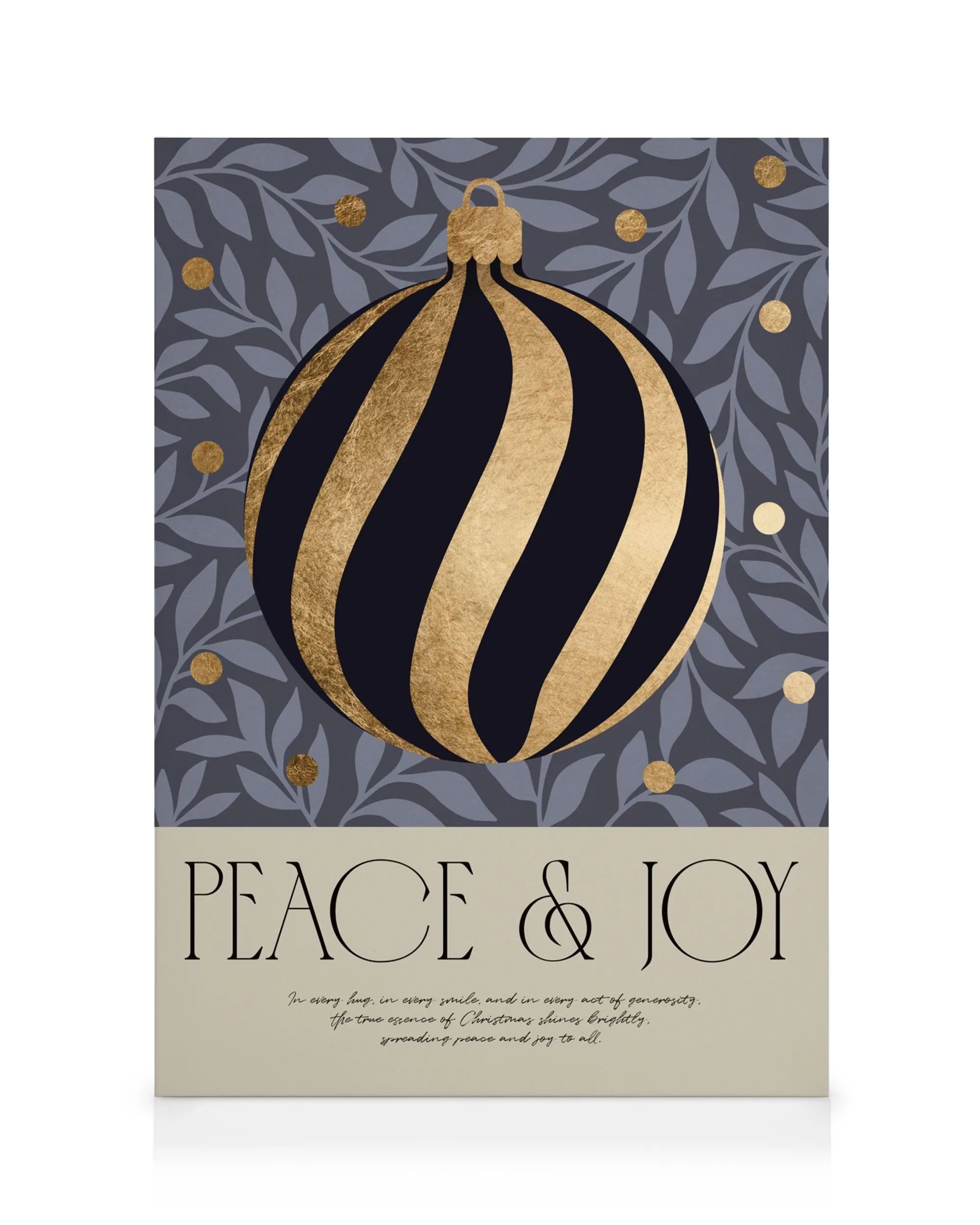 Stampa su tela natalizia con sfera oro e blu scuro, foglie blu e scritta PEACE & JOY.