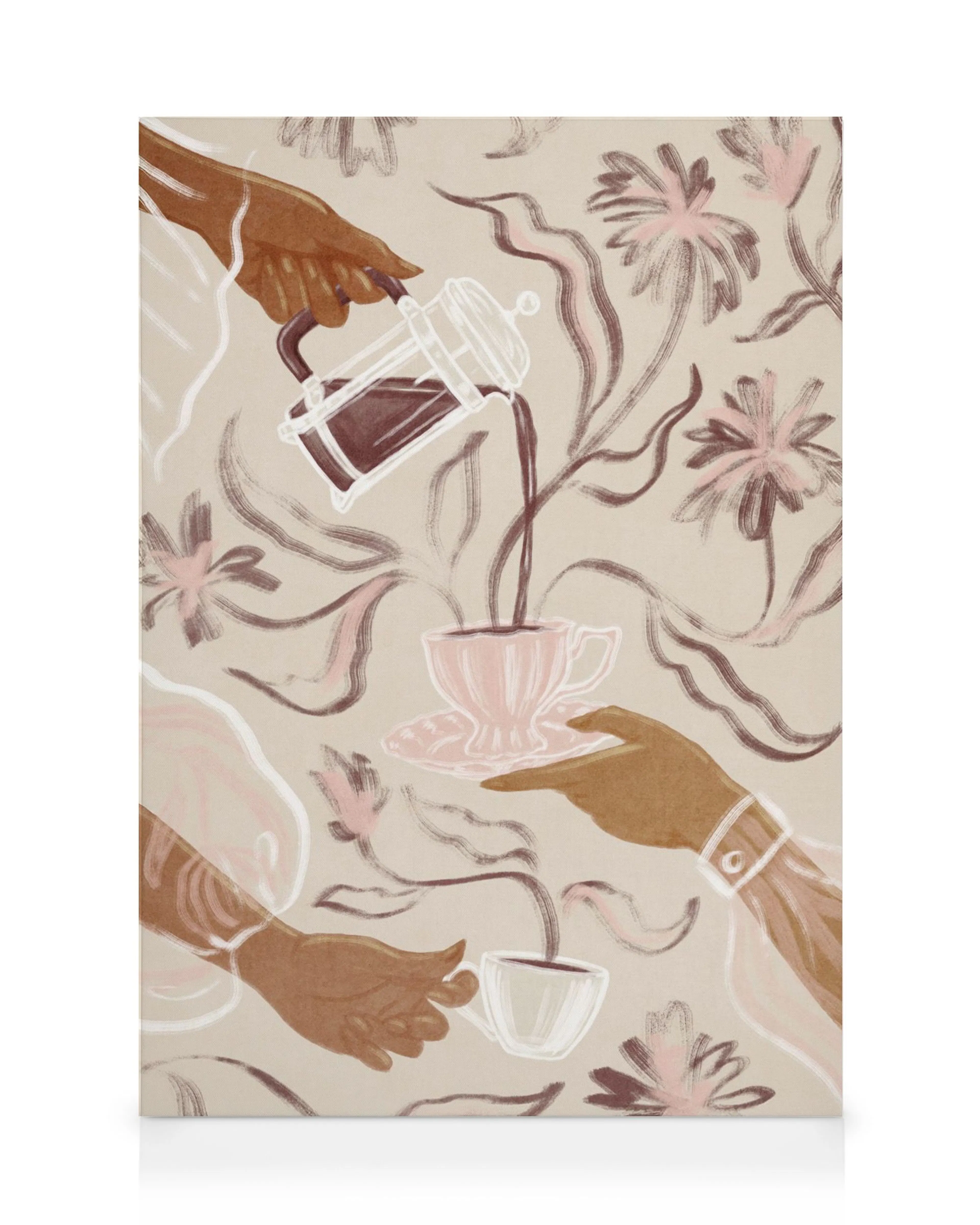 A canvas print featuring stylised hands pouring coffee into cups, surrounded by muted pink flowers and flowing lines on a beige 