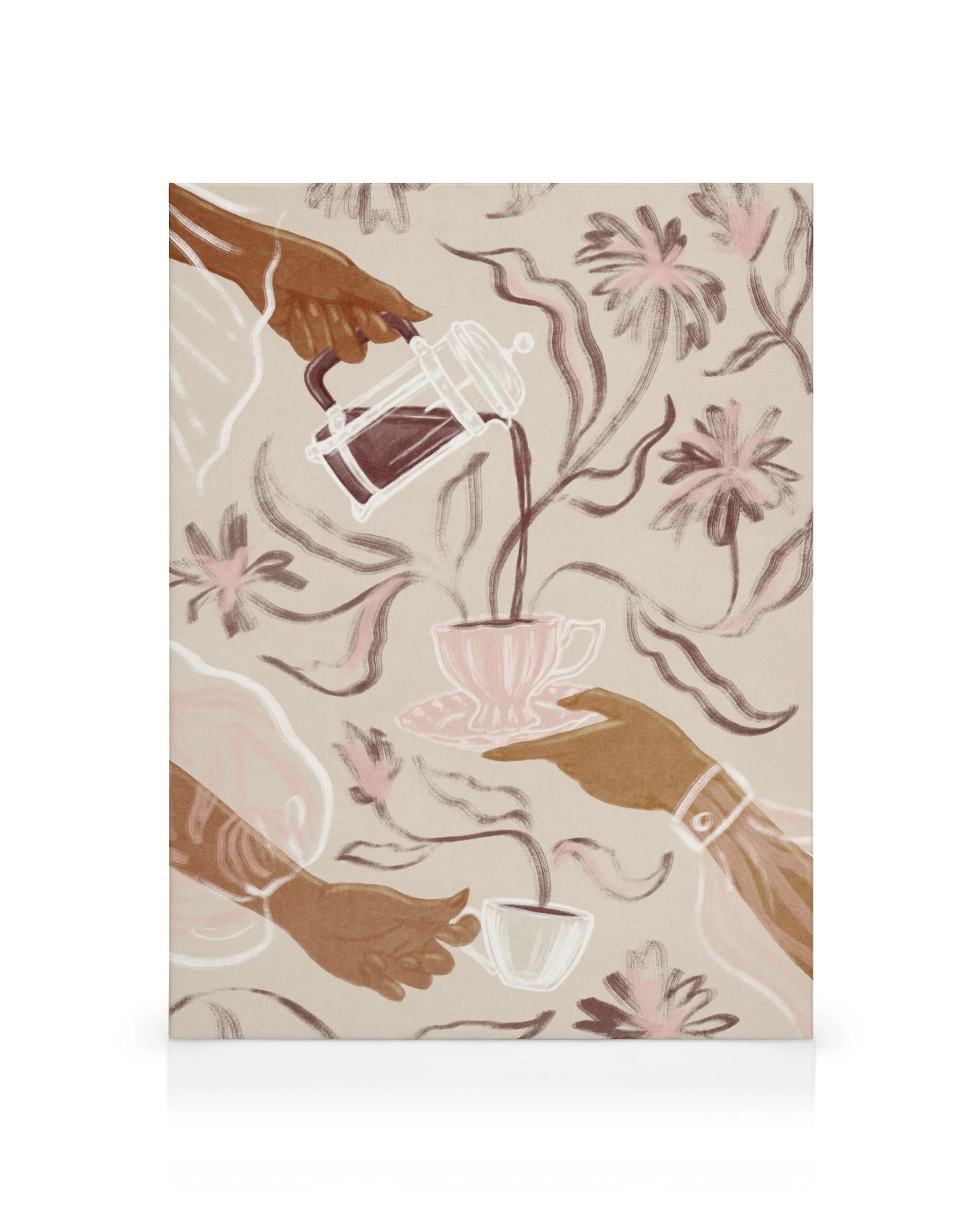 Tela decorativa com ilustração de mãos a servir café em chávenas, com flores e folhas em tons neutros.