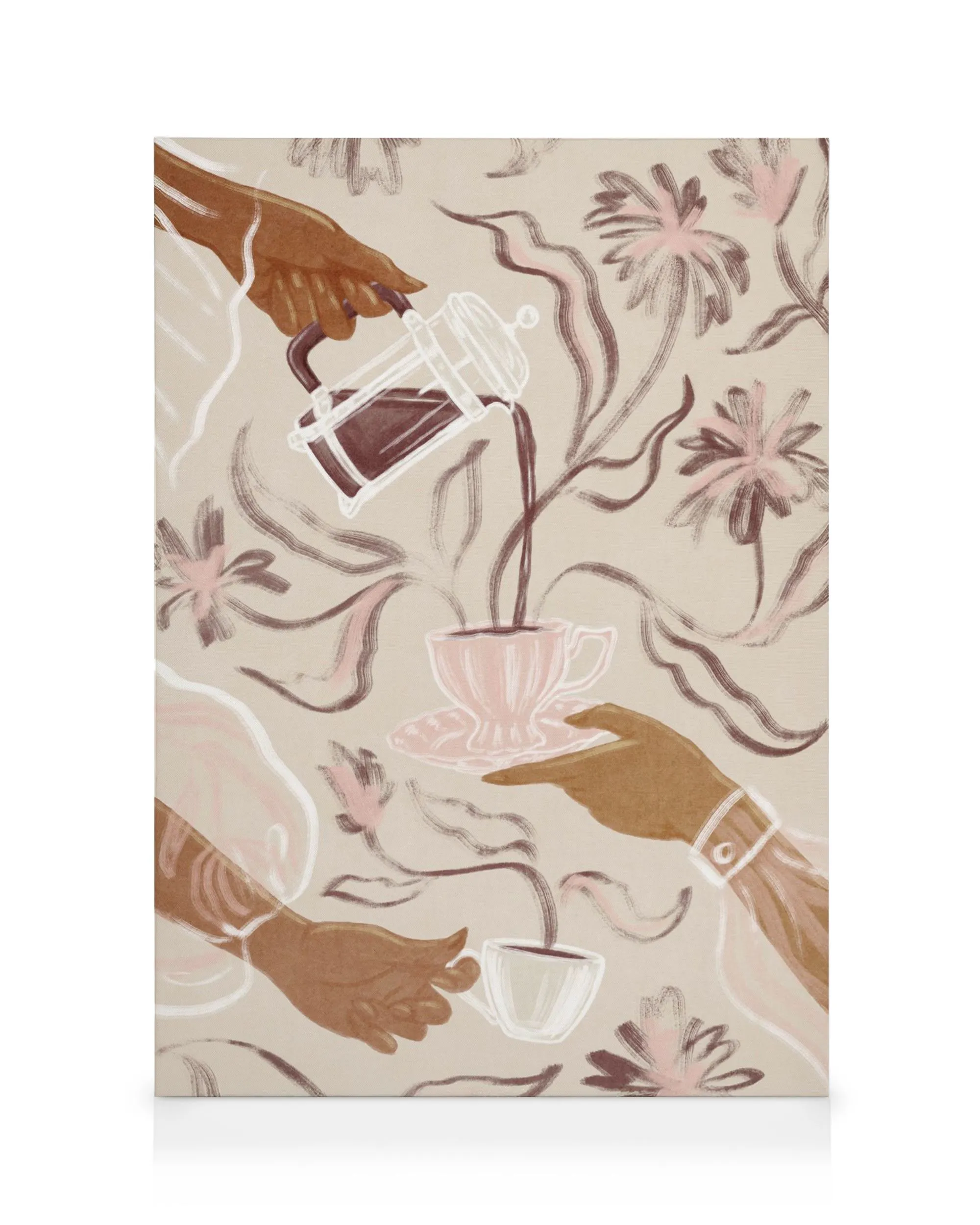 Lerretsbilde med illustrasjon av hender som skjenker kaffe og te, med blomster og blader i jordfarger.