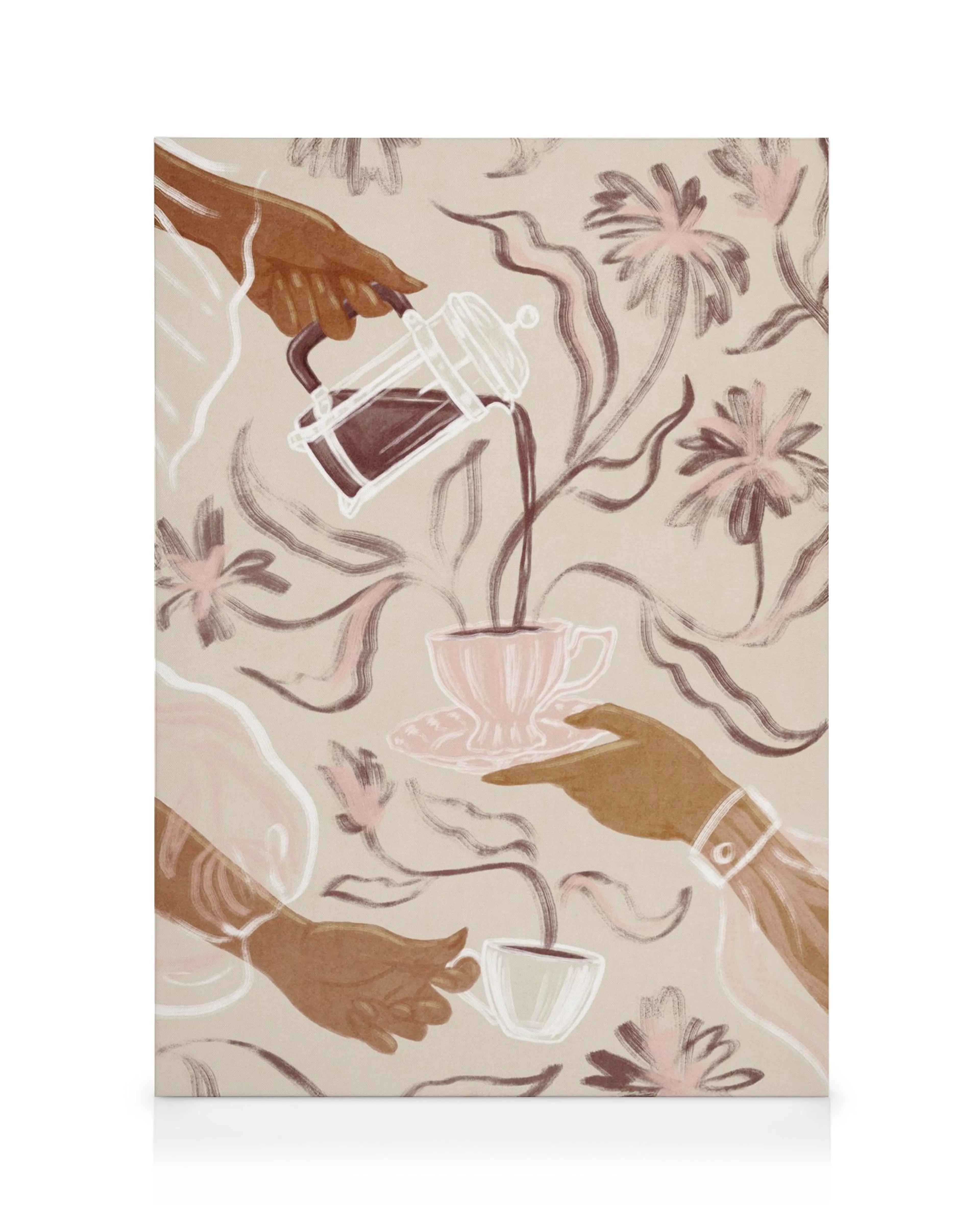 Lerretsbilde med illustrasjon av hender som skjenker kaffe og te, med blomster og blader i jordfarger.