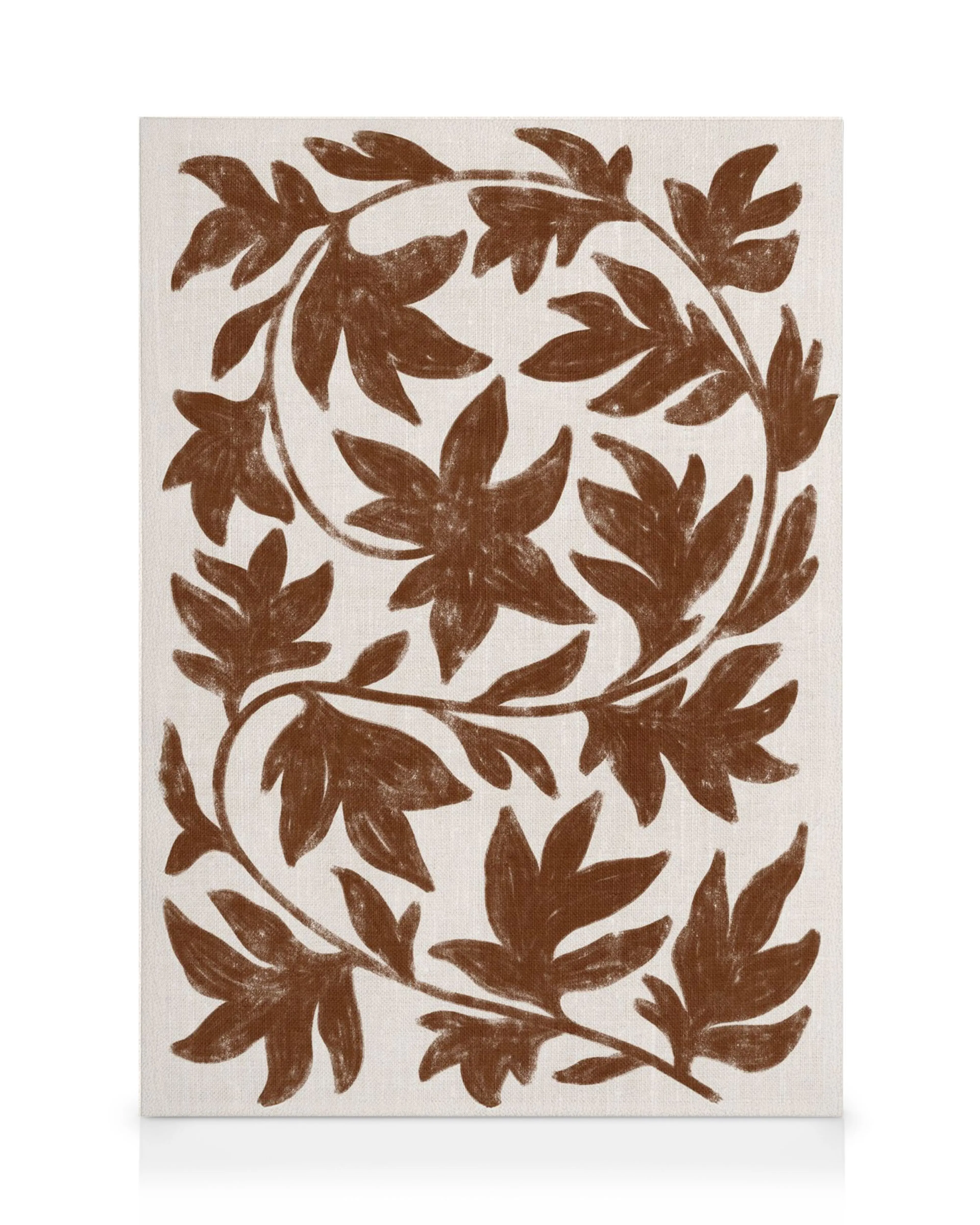 A canvas print featuring a repeating pattern of brown botanical leaves and vines on a beige background.