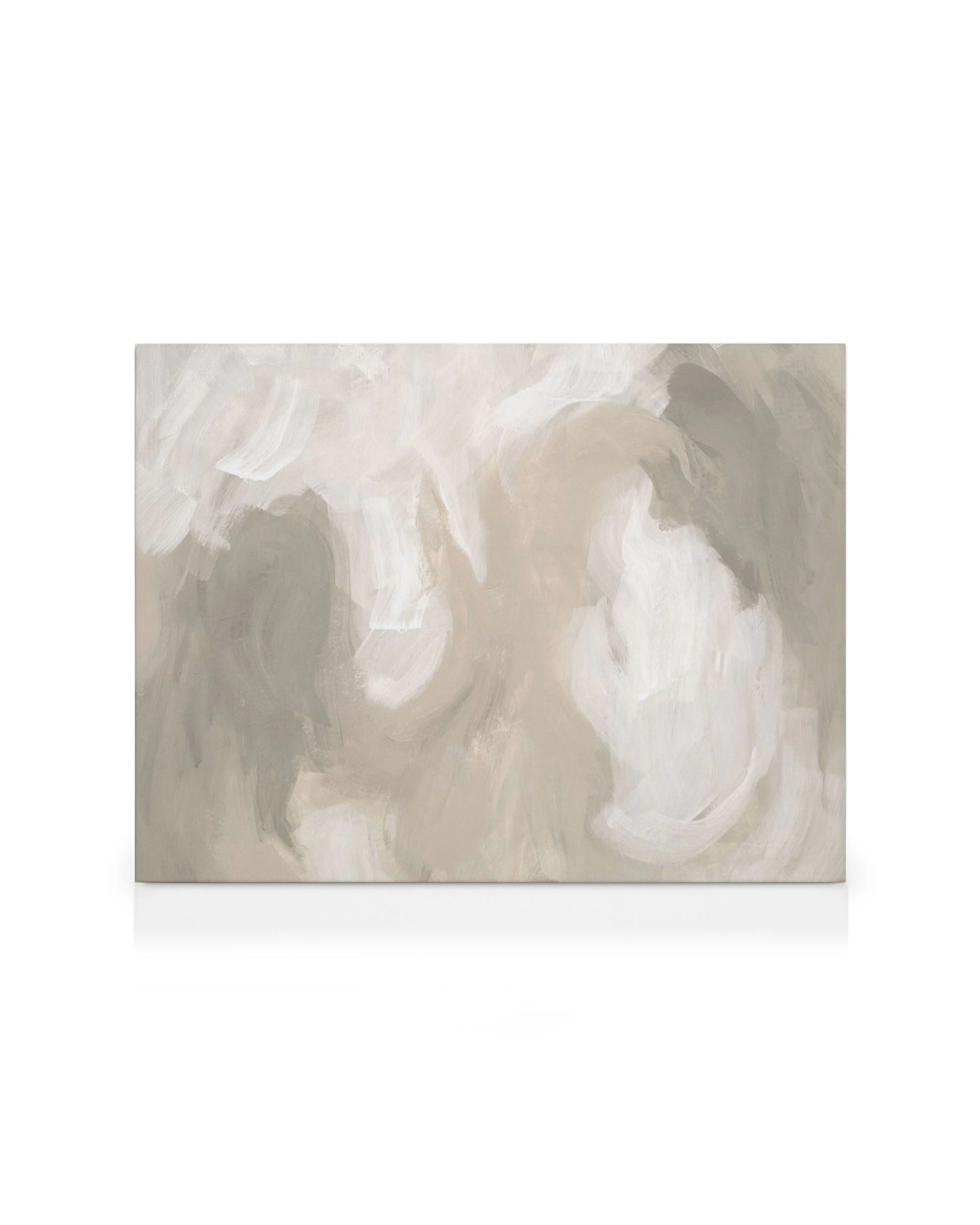 A canvas print featuring soft, swirling brushstrokes in neutral tones of beige, white, and grey.