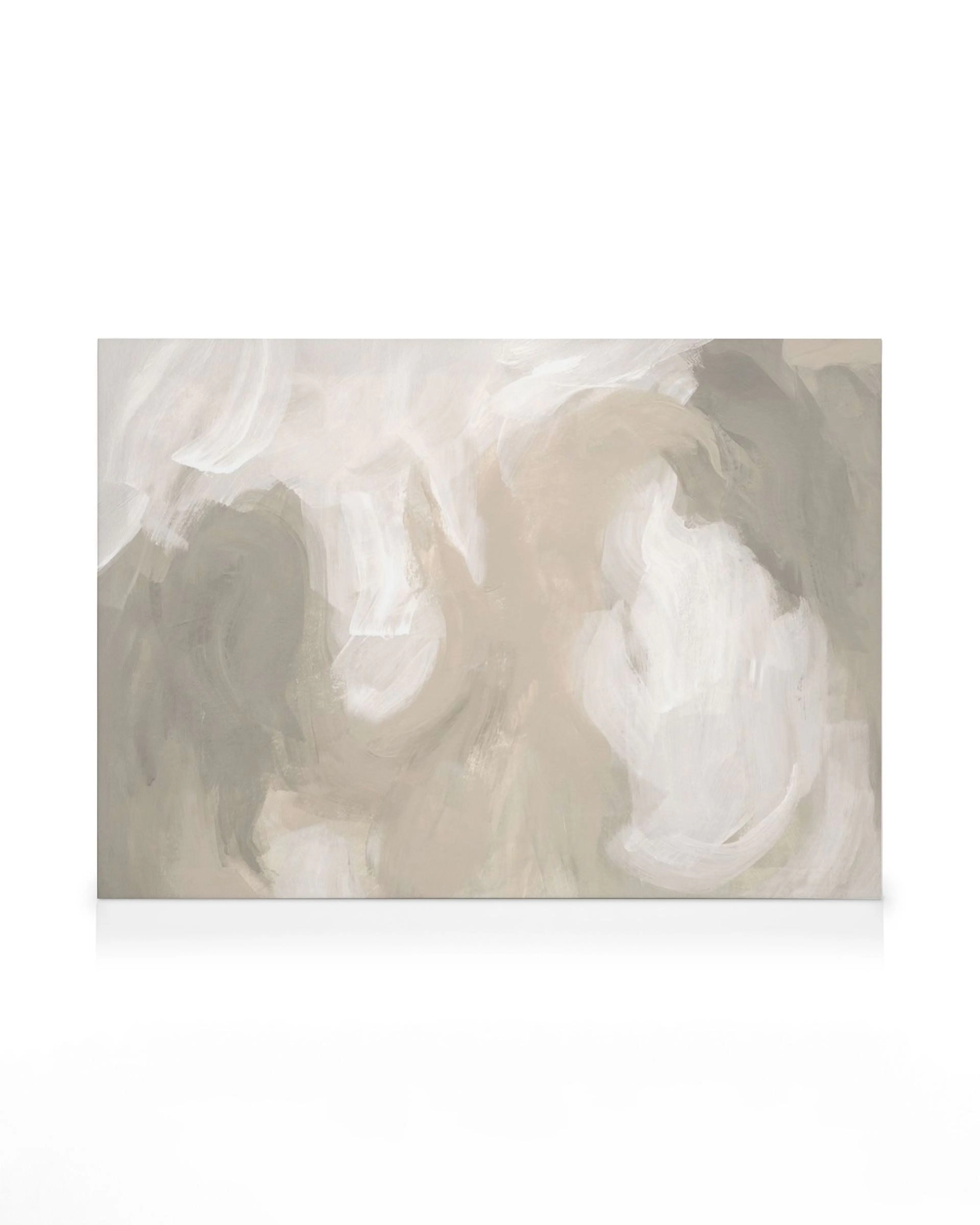A canvas print featuring an abstract design with broad strokes of white, beige, and light gray colors.
