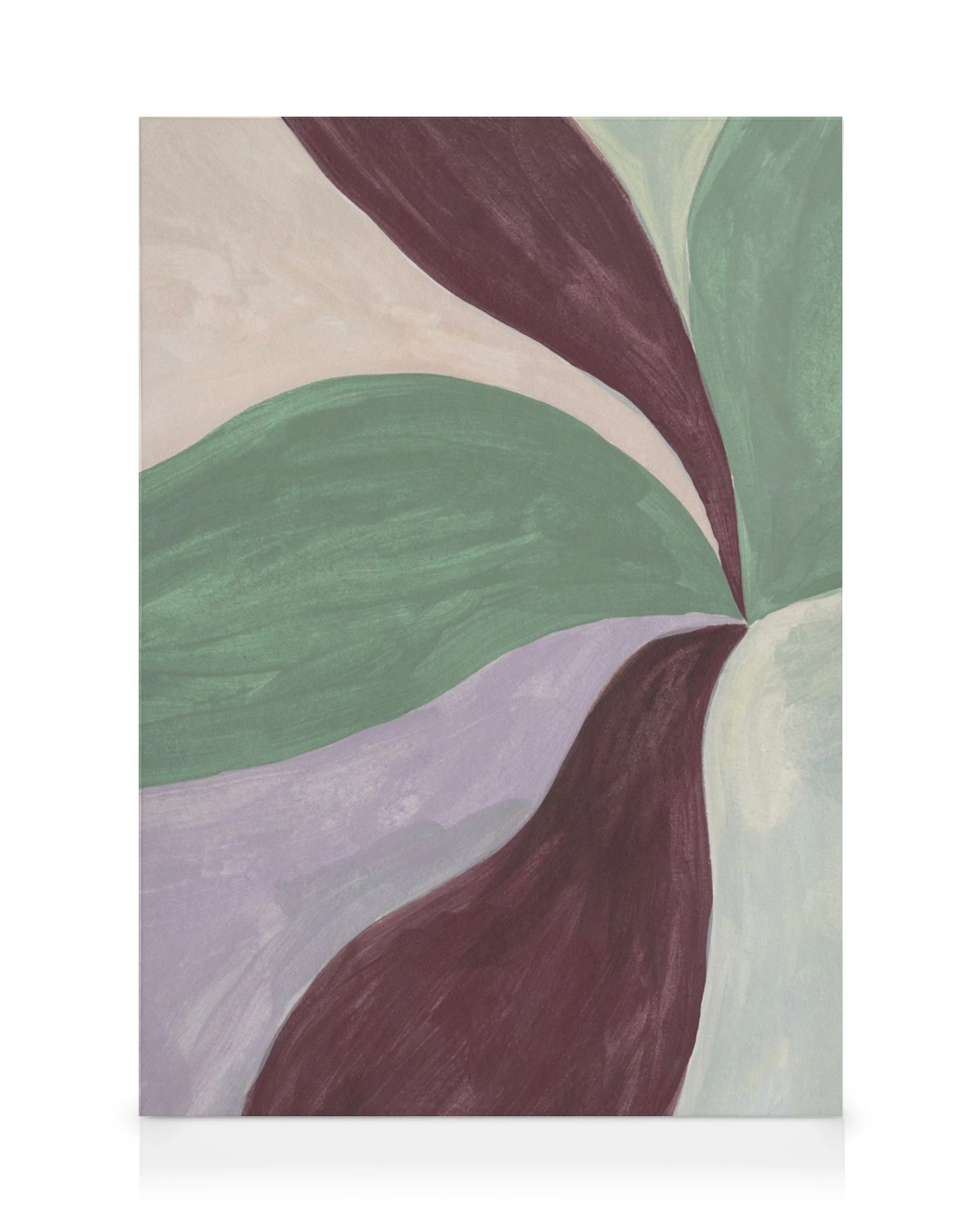 A canvas print featuring abstract organic shapes in green, lavender, burgundy, and beige, fanning out from a central point.