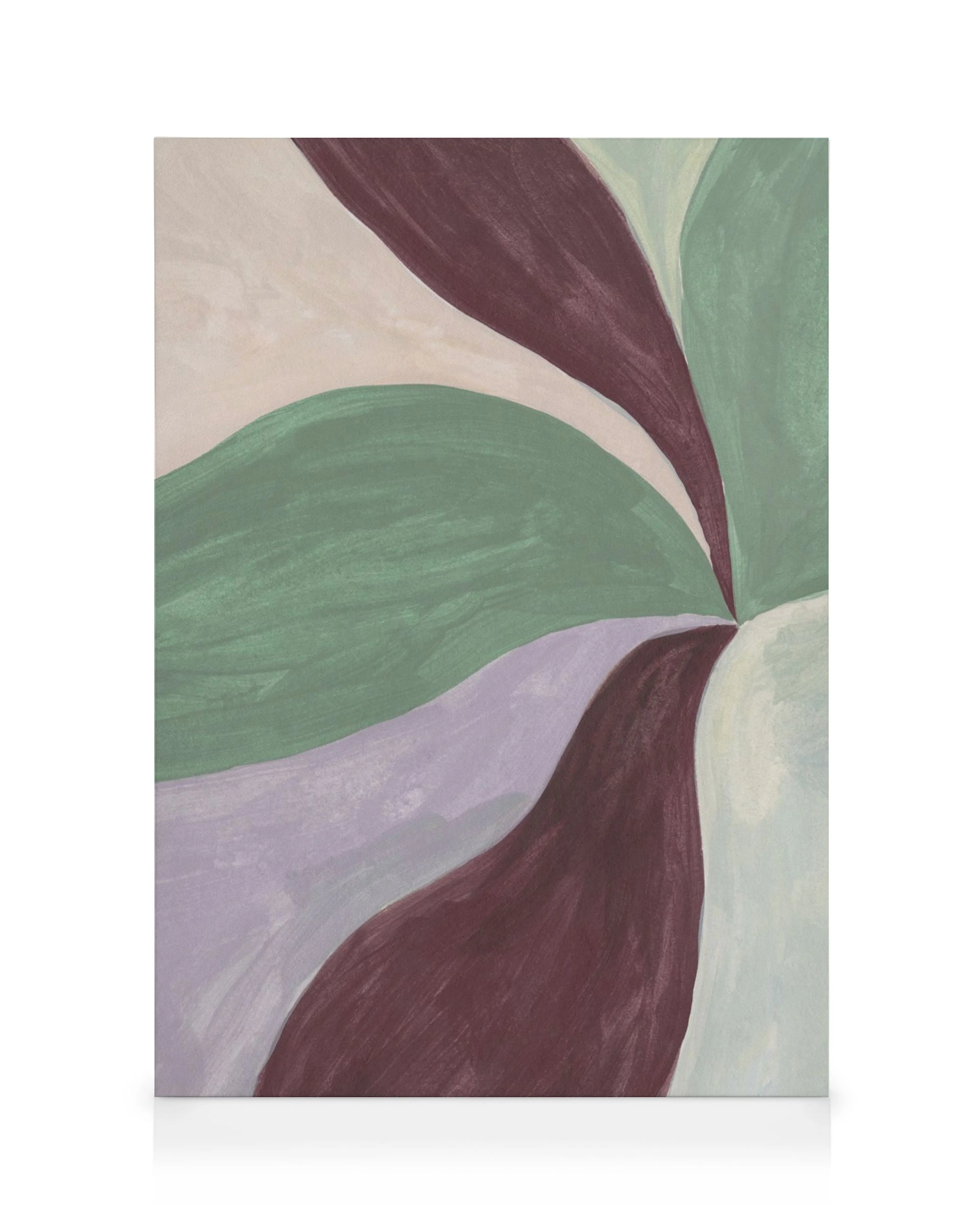 Toile abstraite avec des formes organiques vertes, violettes et bordeaux sur fond crème.