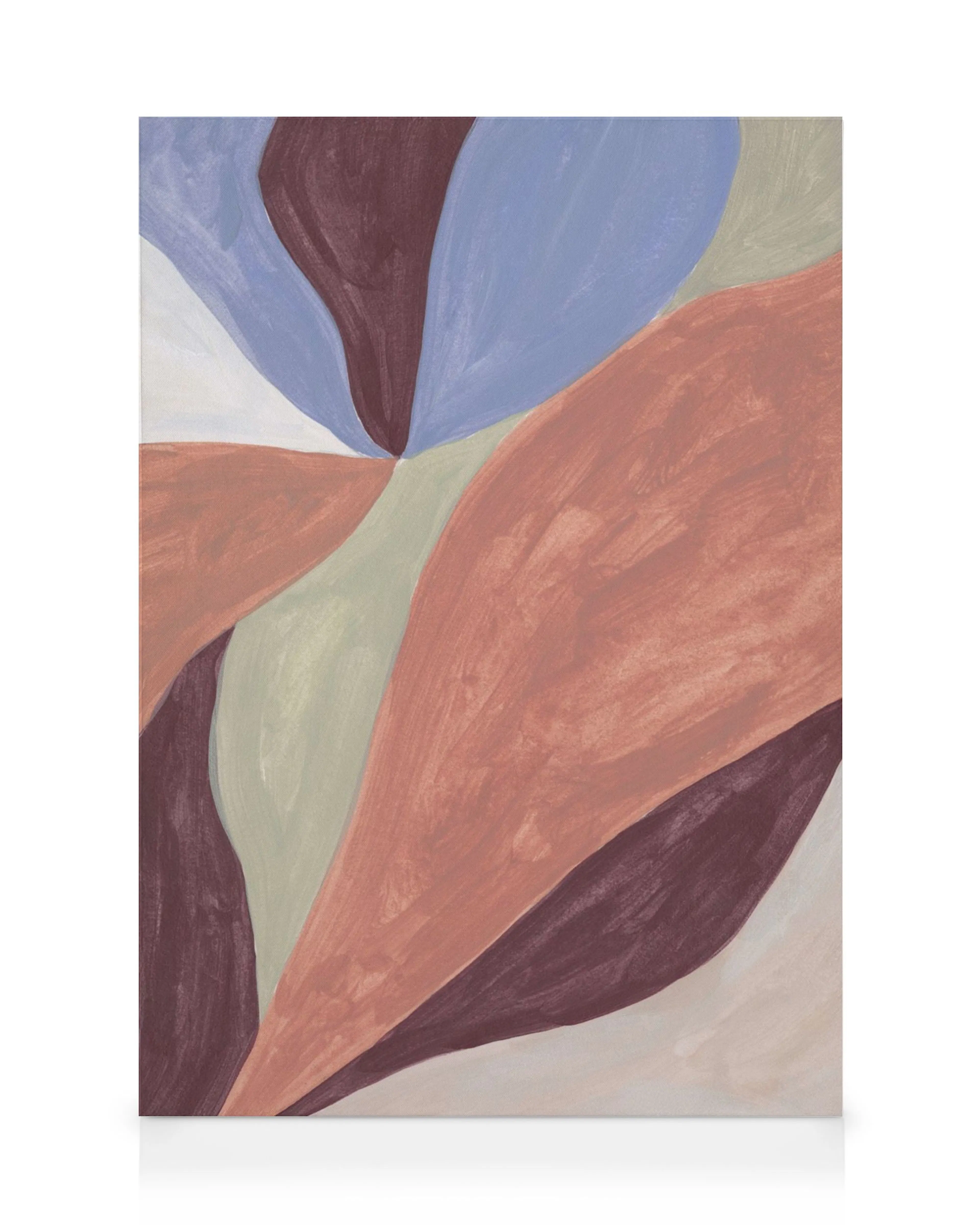 Stampa su tela con forme astratte organiche in tonalità terracotta, blu, bordeaux e bianco panna.