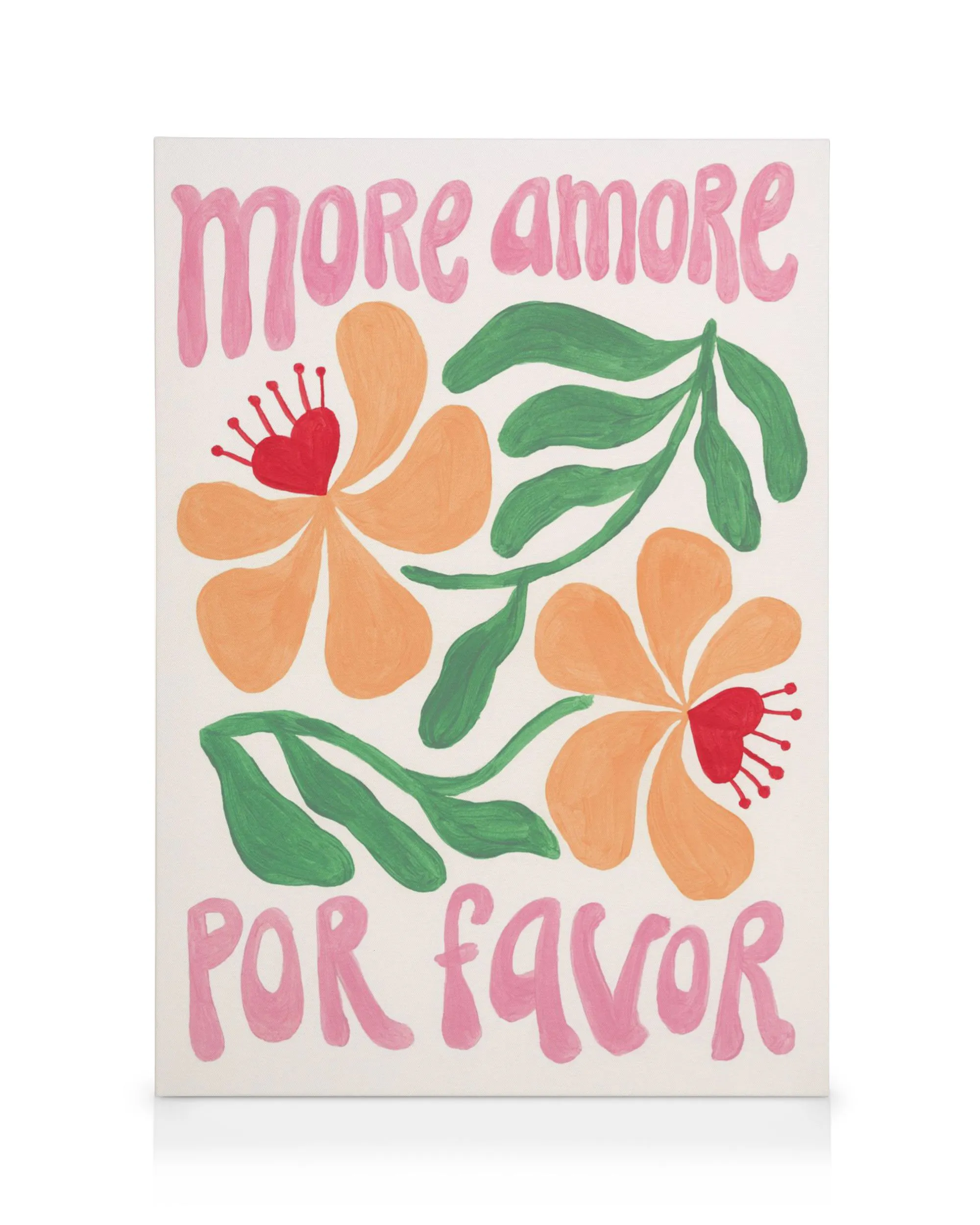 Stampa su tela con fiori arancioni e cuori rossi, foglie verdi e la scritta rosa More amore por favor.