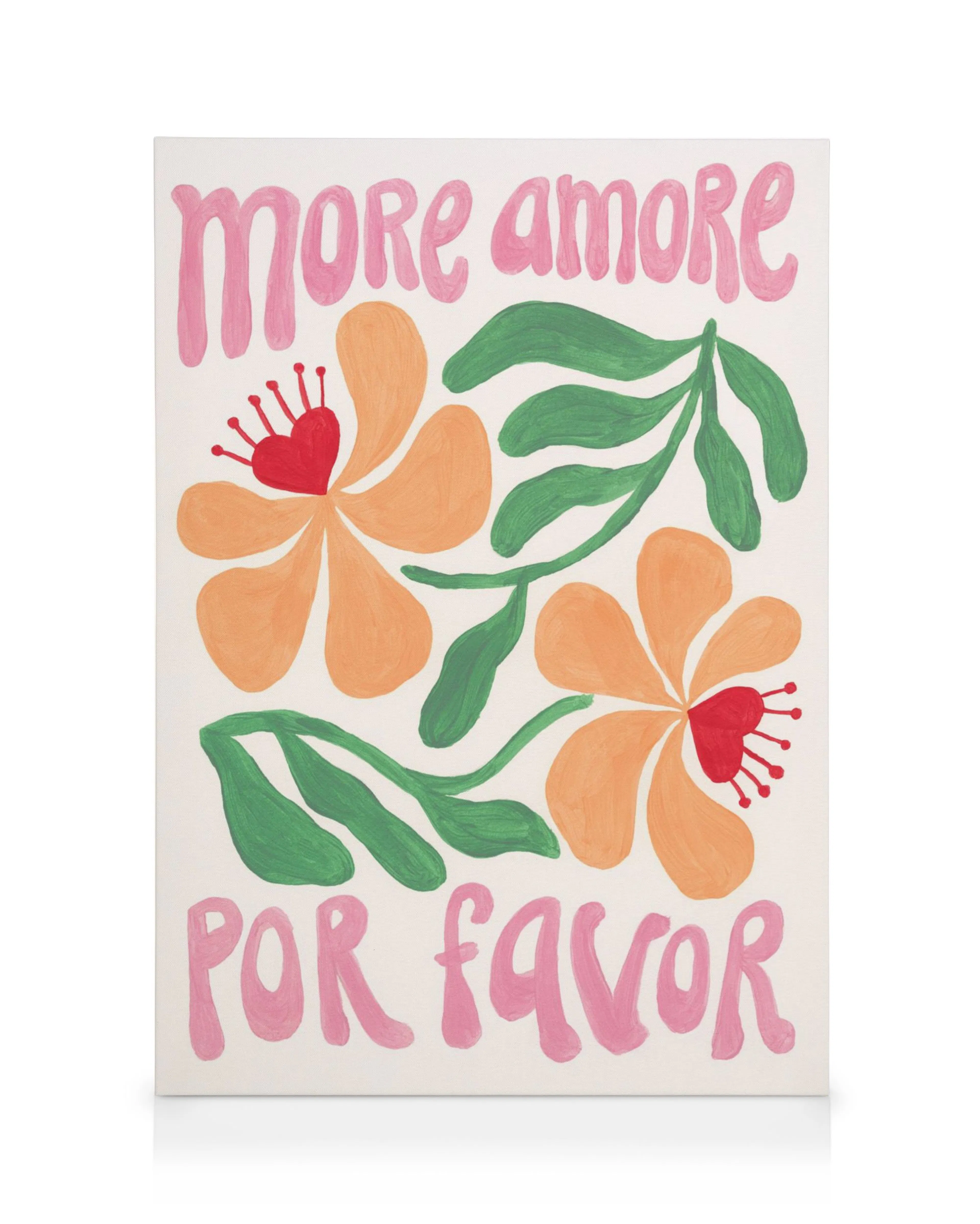 Stampa su tela con fiori arancioni e cuori rossi, foglie verdi e la scritta rosa More amore por favor.
