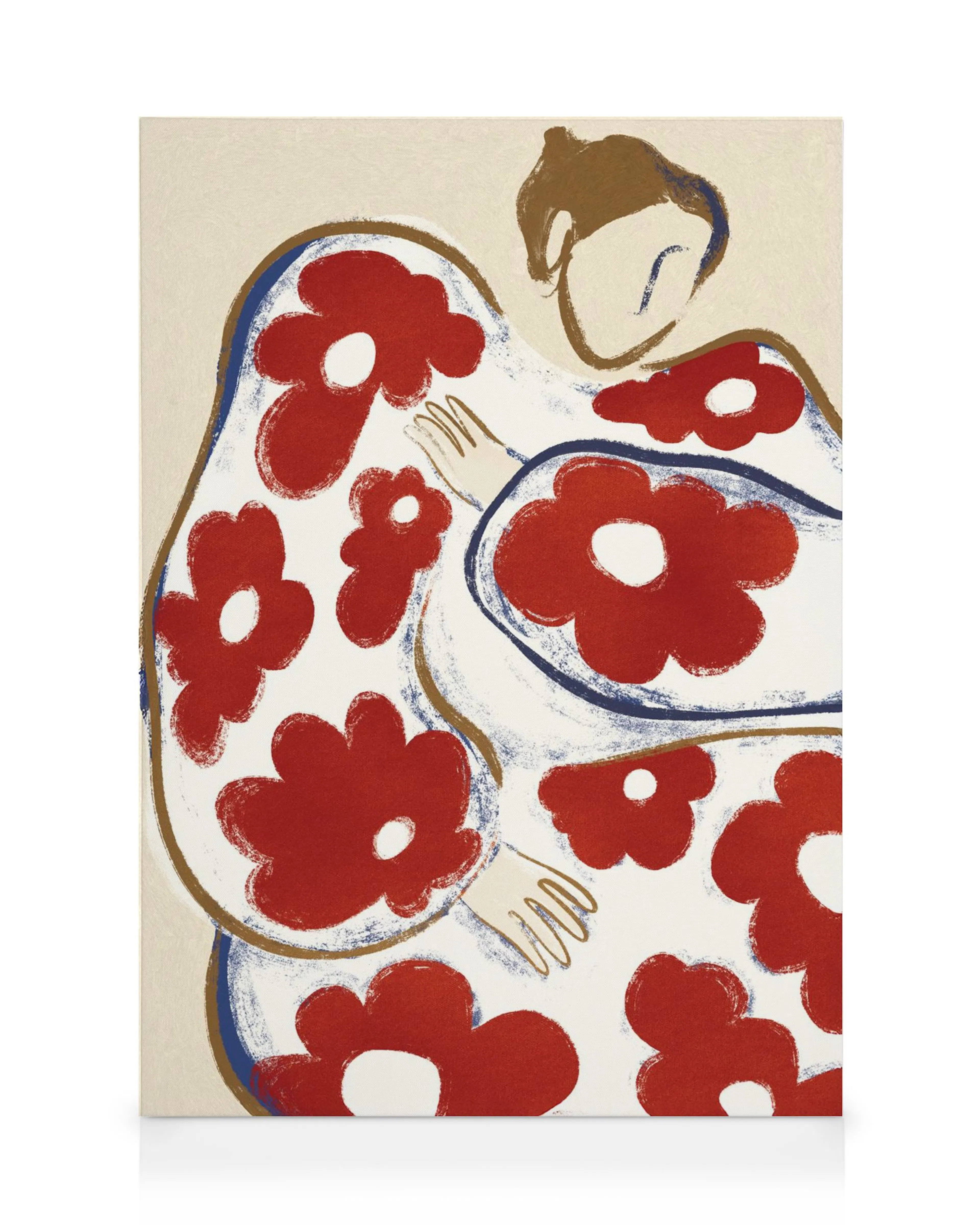 A canvas print featuring an abstract figure with red floral patterns, blue and gold outlines on a cream background.