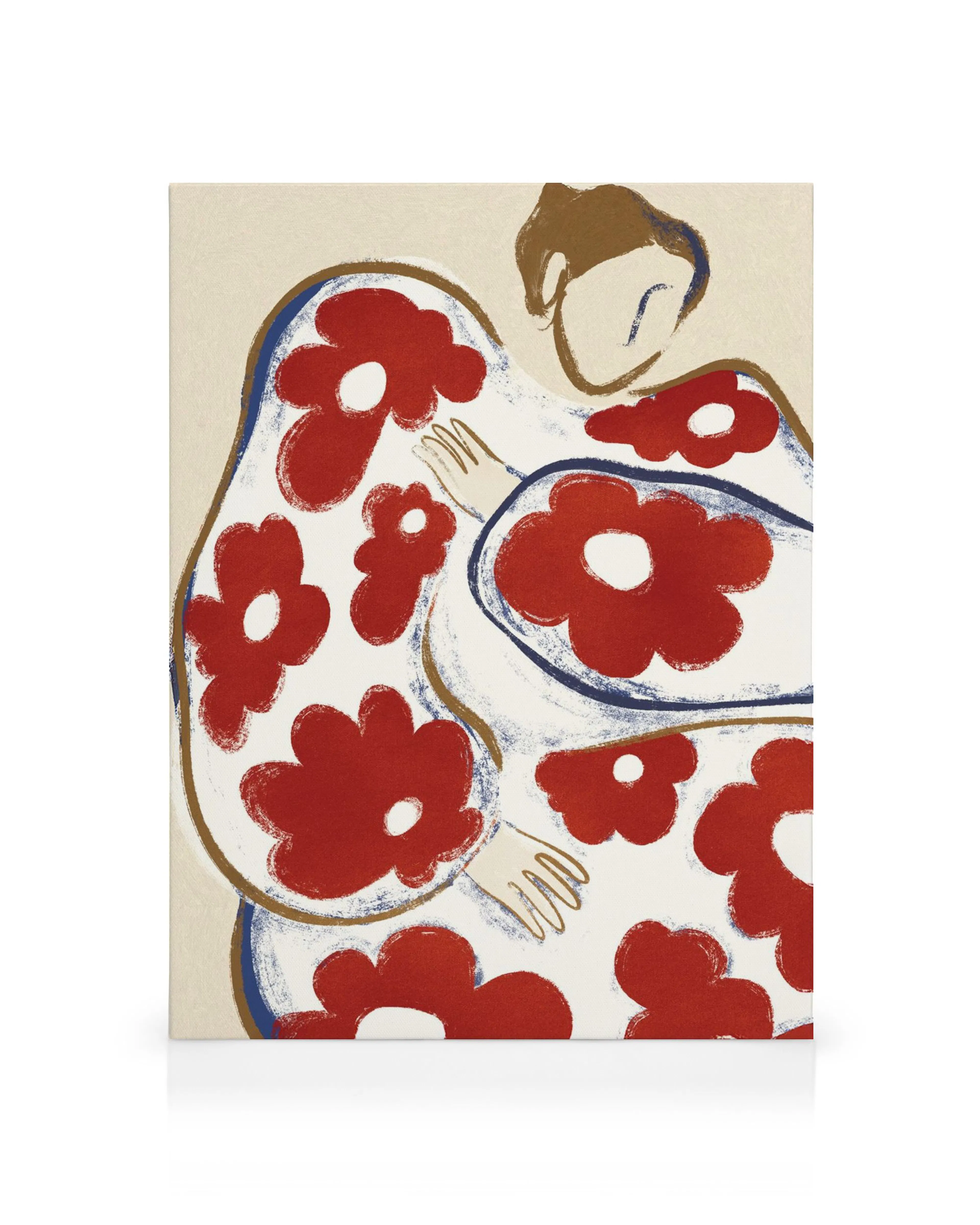Canvas met een gestileerde figuur bedekt met rode bloemen, witte vlekken en blauwe omtreklijnen.