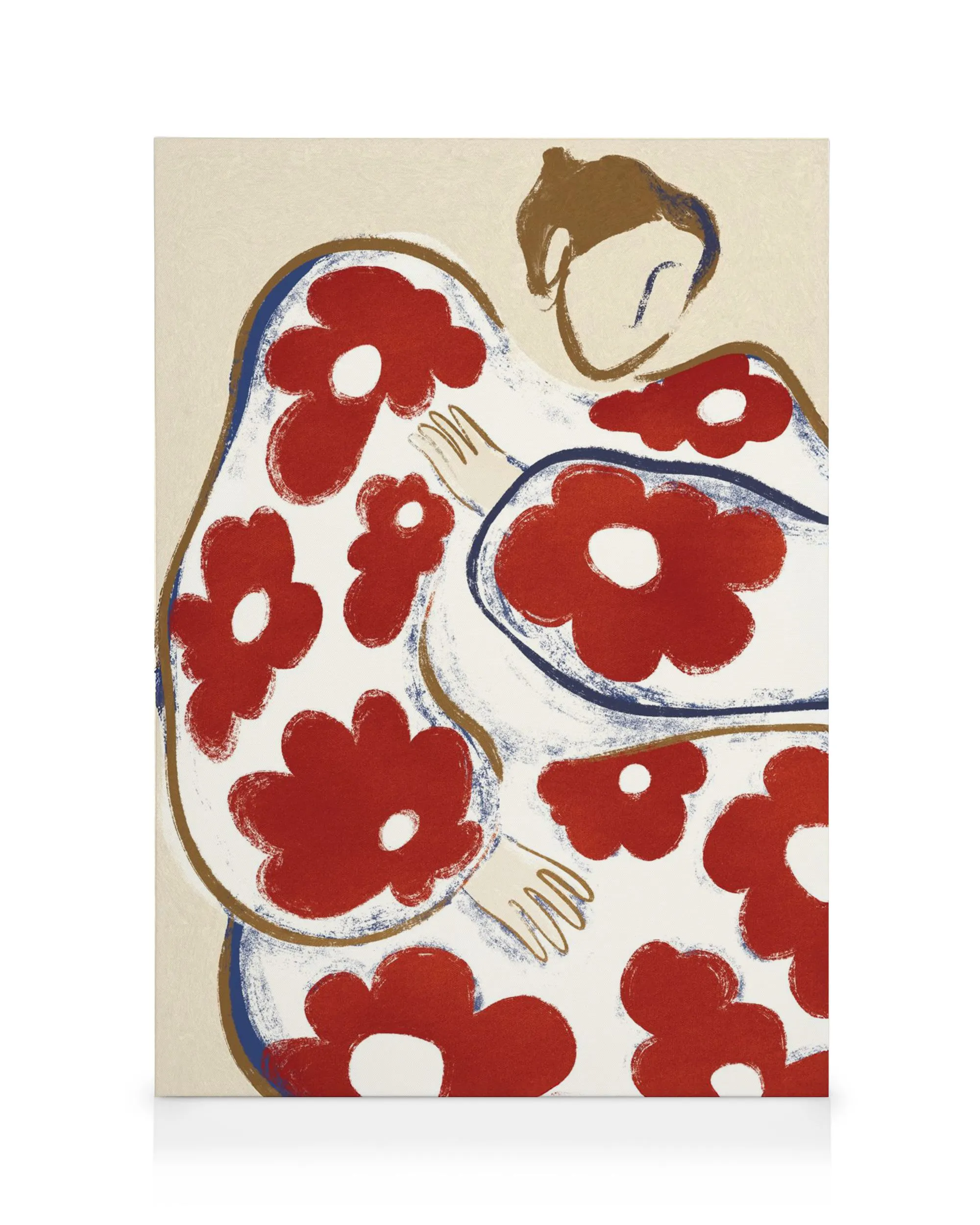 A canvas print featuring an abstract figure with red floral patterns, blue and gold outlines on a cream background.
