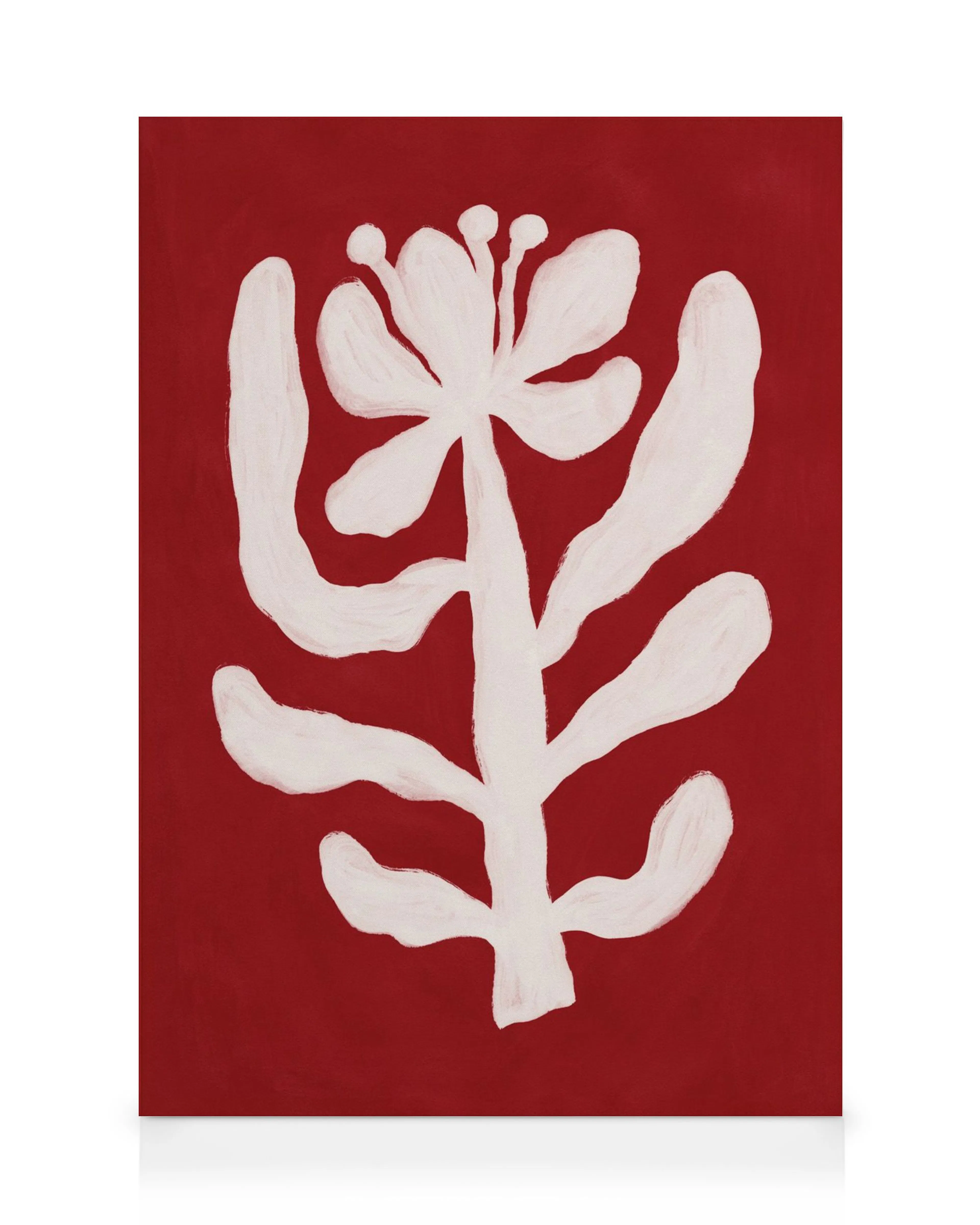 Toile rouge avec une fleur abstraite blanche et des formes organiques évoquant des pétales et des feuilles.
