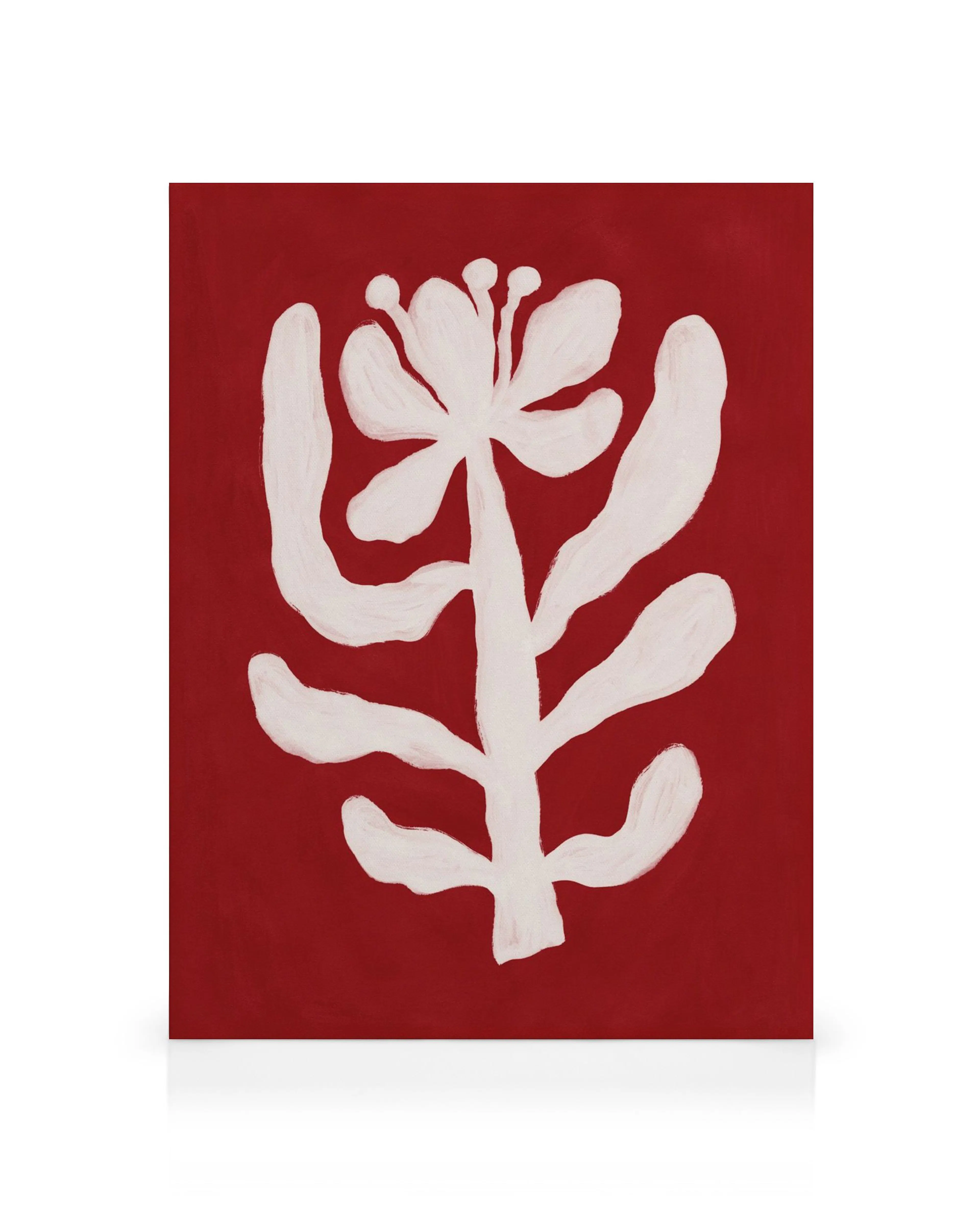 A canvas print featuring a bold white floral silhouette with organic petals and leaves on a rich red background.