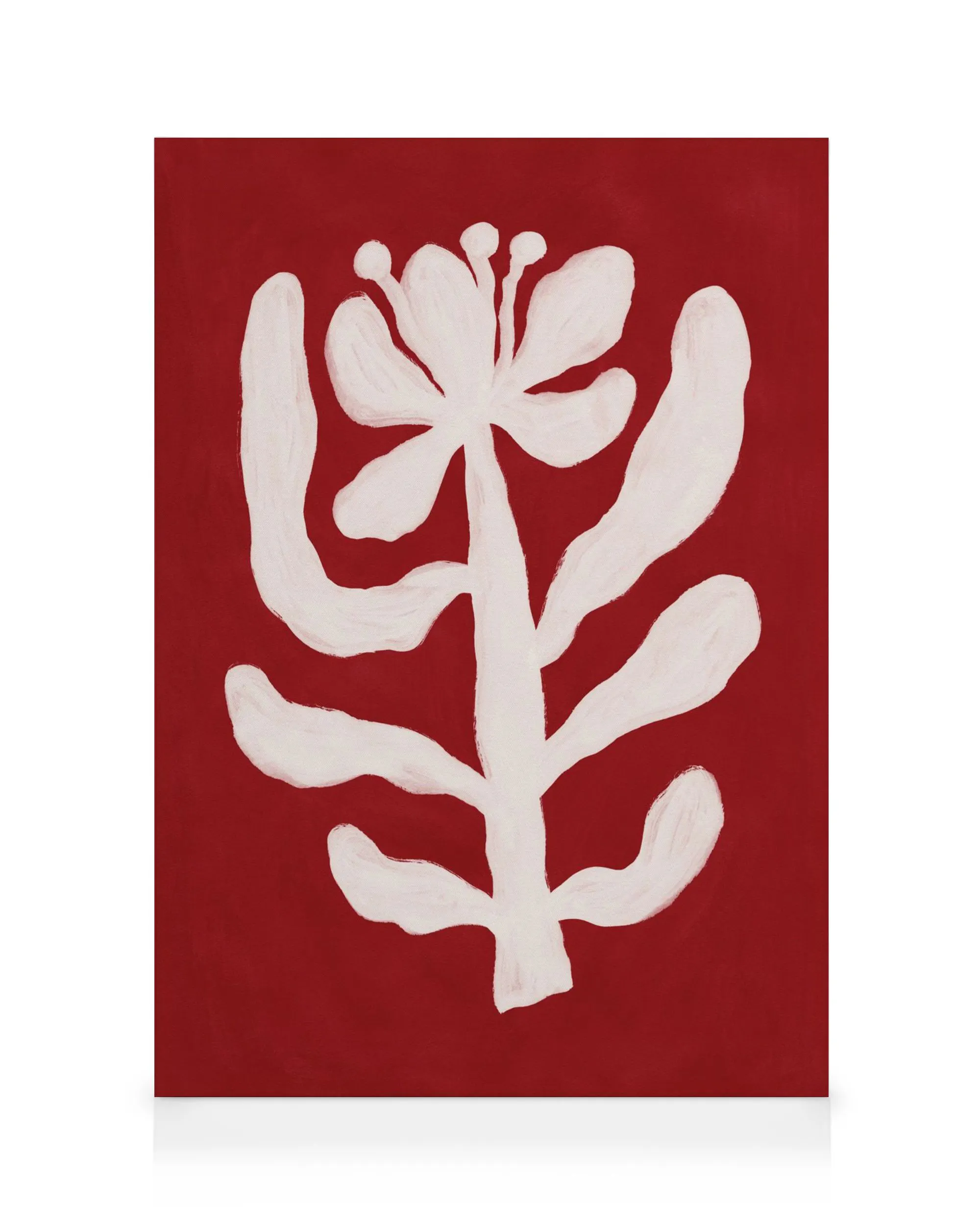 A canvas print featuring a white stylized flower with a thick stem and petals on a dark red background.