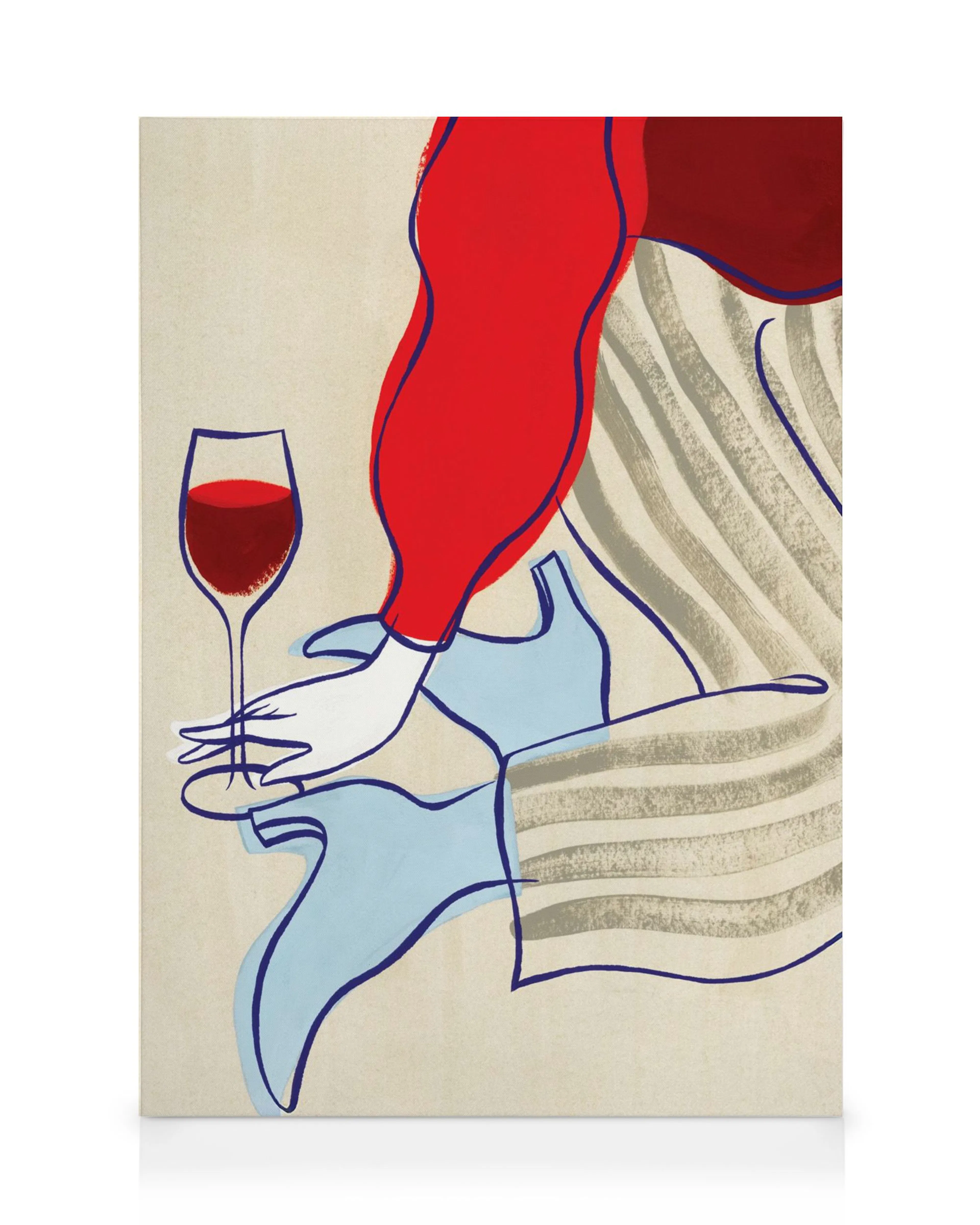 A canvas print featuring an abstract illustration of a hand holding a wine glass with a red drink, and blue shapes.