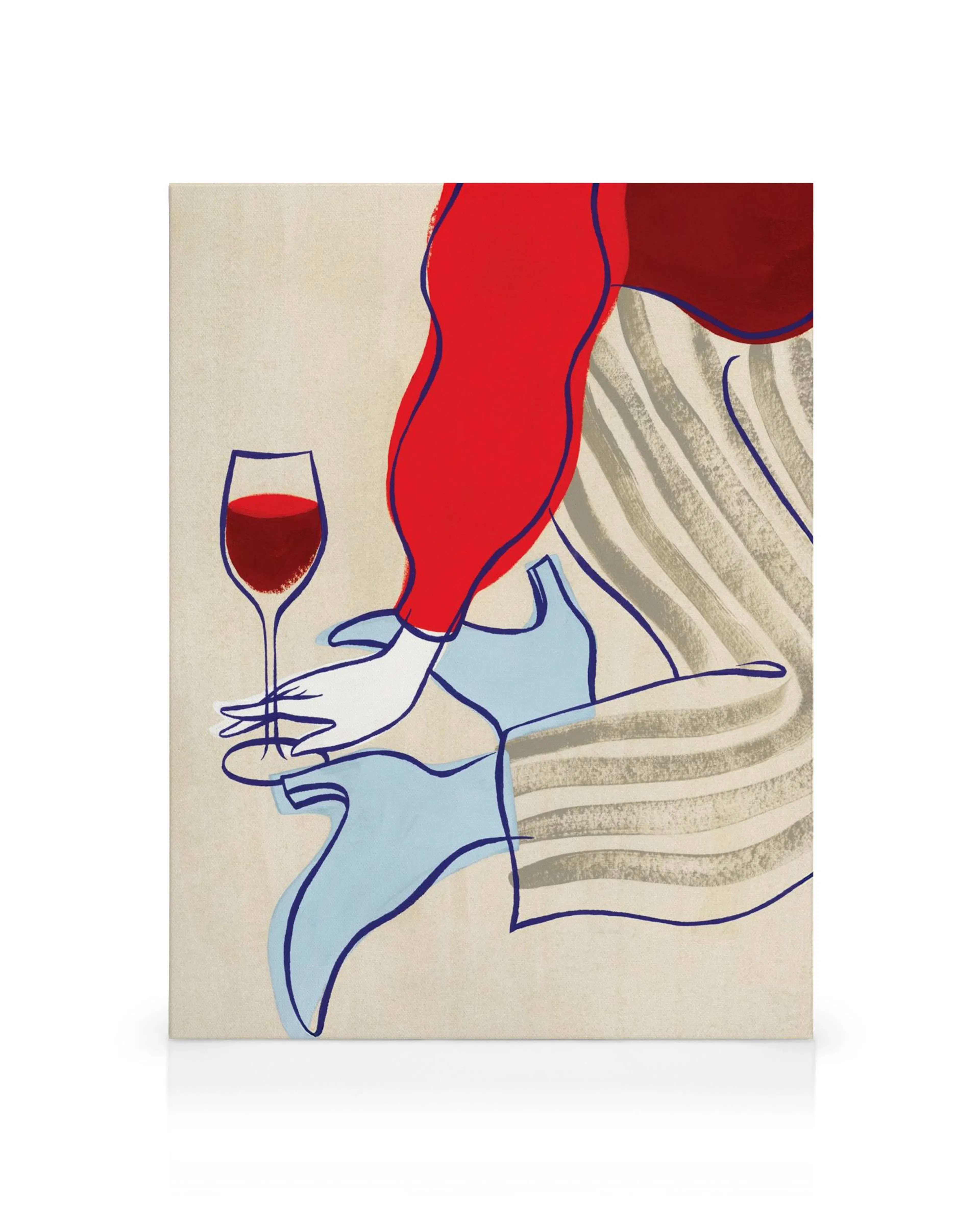 Lienzo de mujer con blusa roja y falda de rayas grises, sosteniendo una copa de vino tinto.