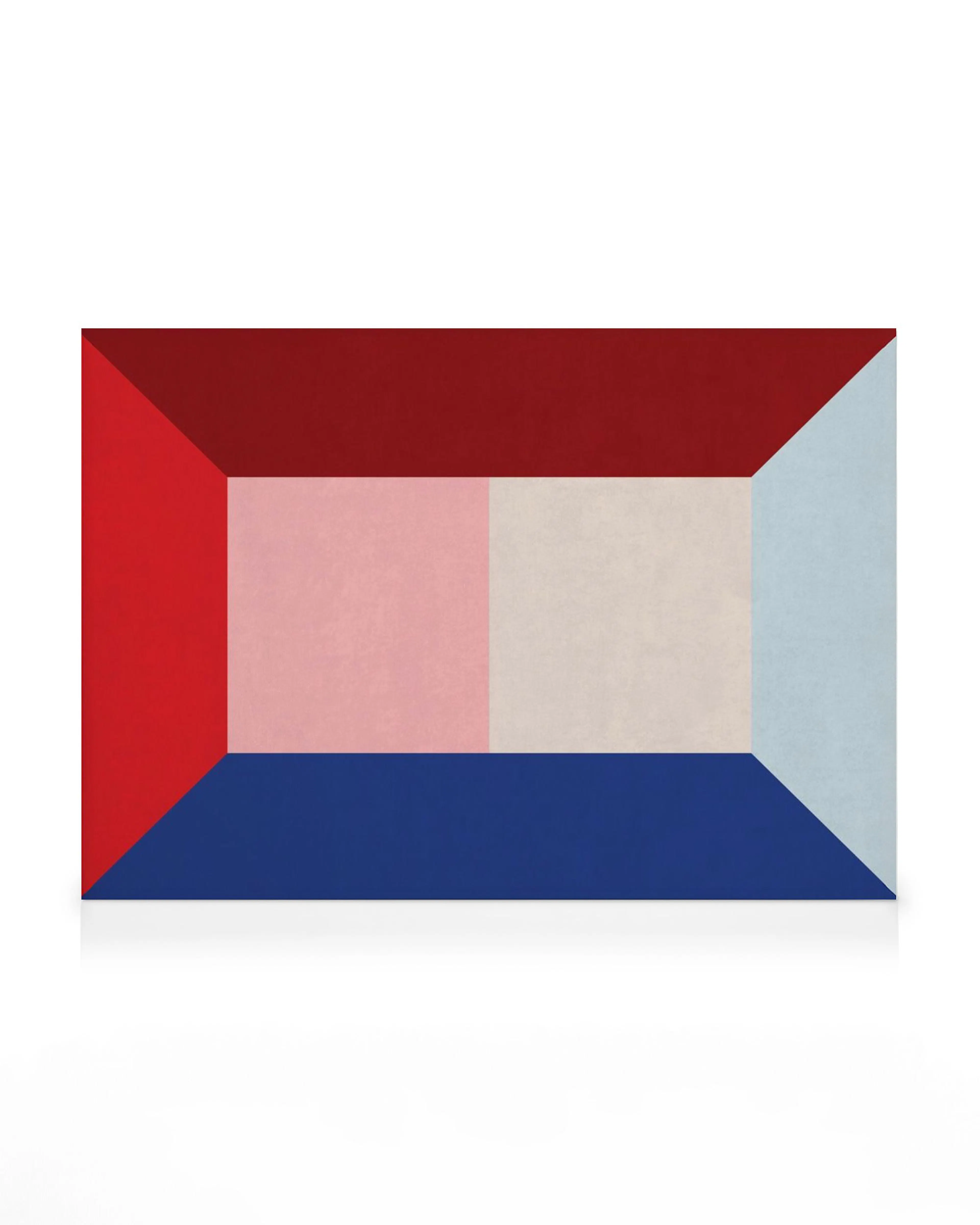 Leinwandbild mit roten, blauen und beigen Rechtecken, die einen dreidimensionalen Effekt erzeugen.