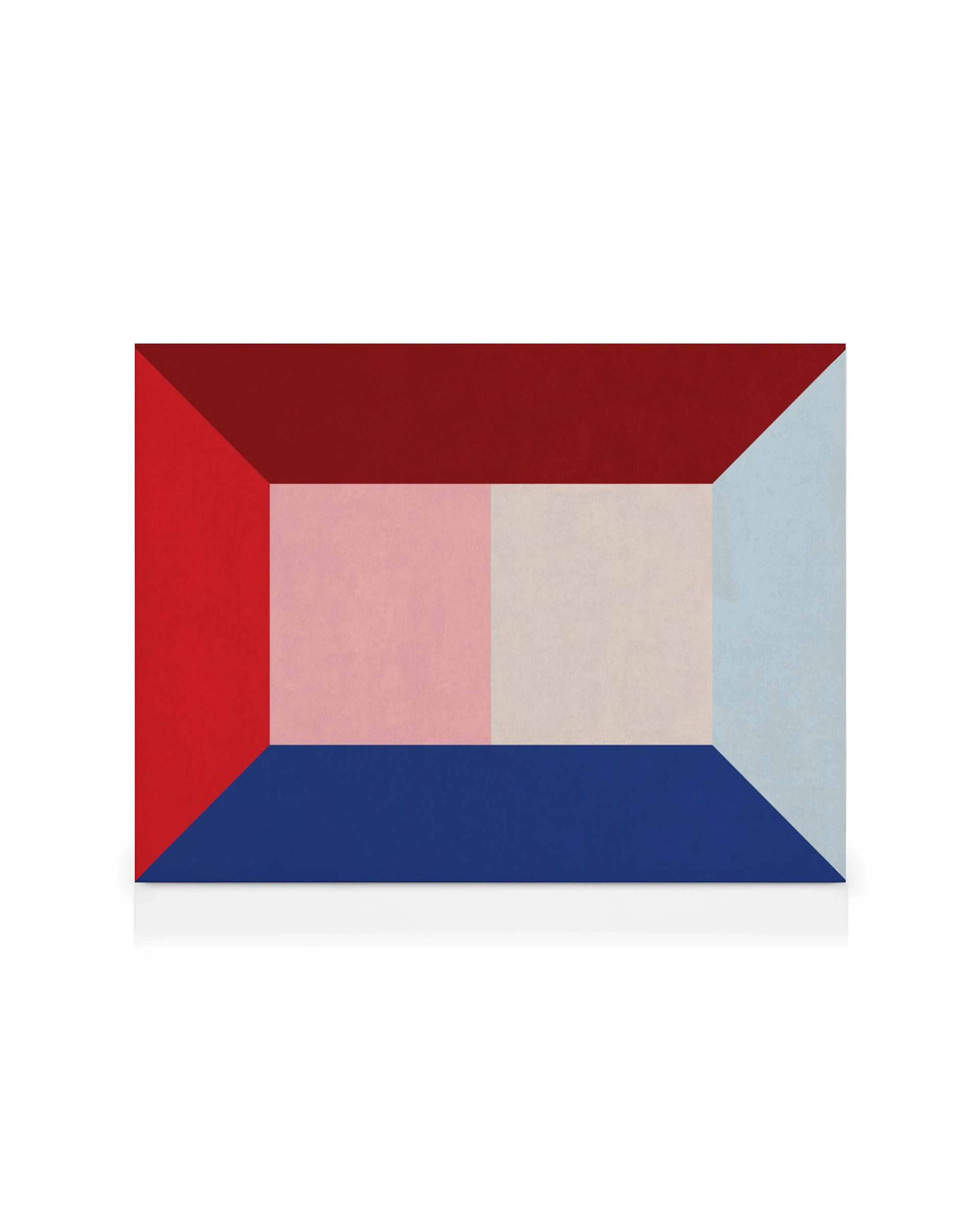 En canvastavla med en abstrakt bild av färgade block i rött, rosa, beige, blått och ljusblått.