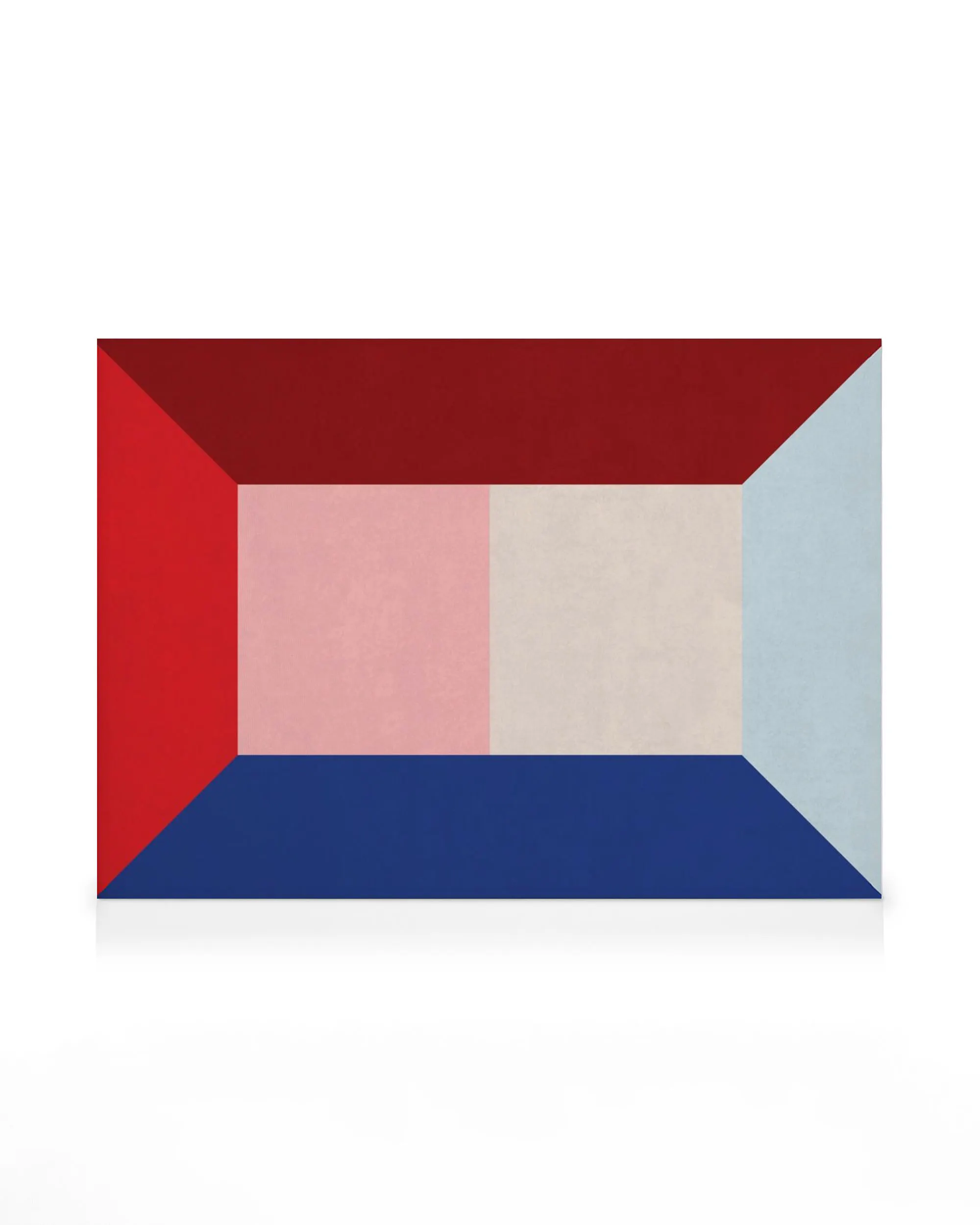A canvas print featuring a geometric abstract design with red, maroon, blue, light blue, pink, and beige rectangular shapes.