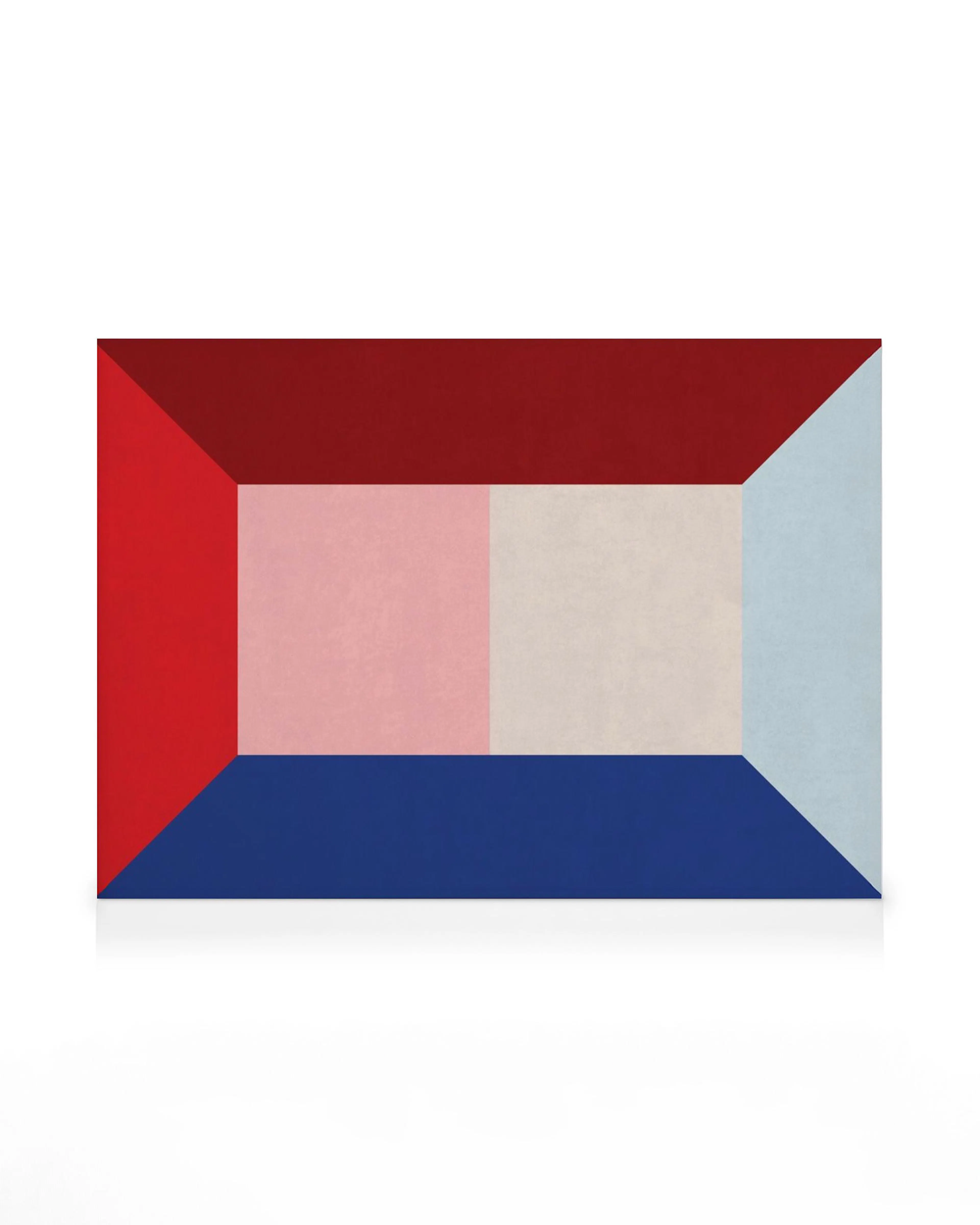 A canvas print featuring a geometric abstract design with red, maroon, blue, light blue, pink, and beige rectangular shapes.