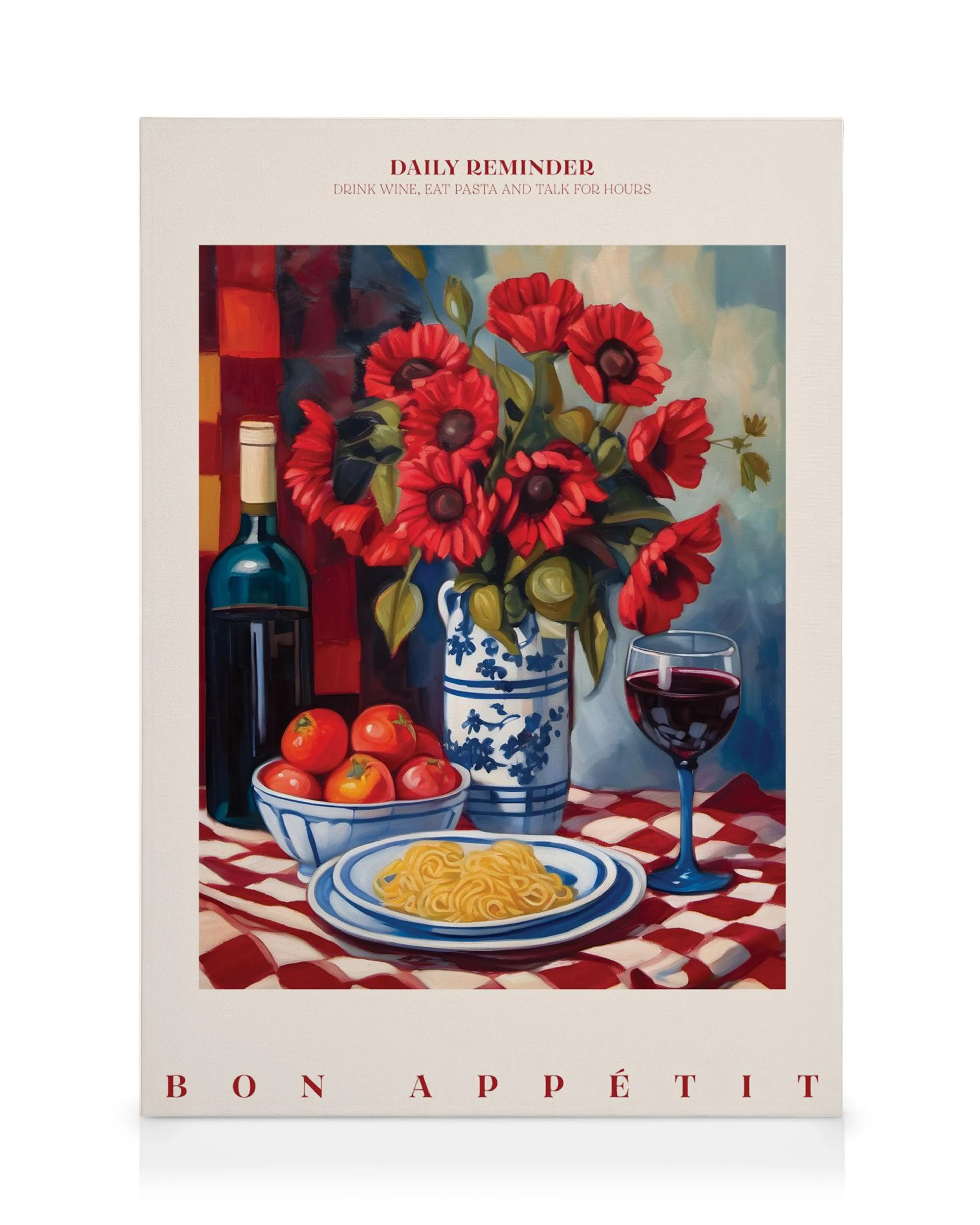 A canvas print featuring a still life of red poppies, wine, pasta, and tomatoes on a red and white checkered tablecloth.