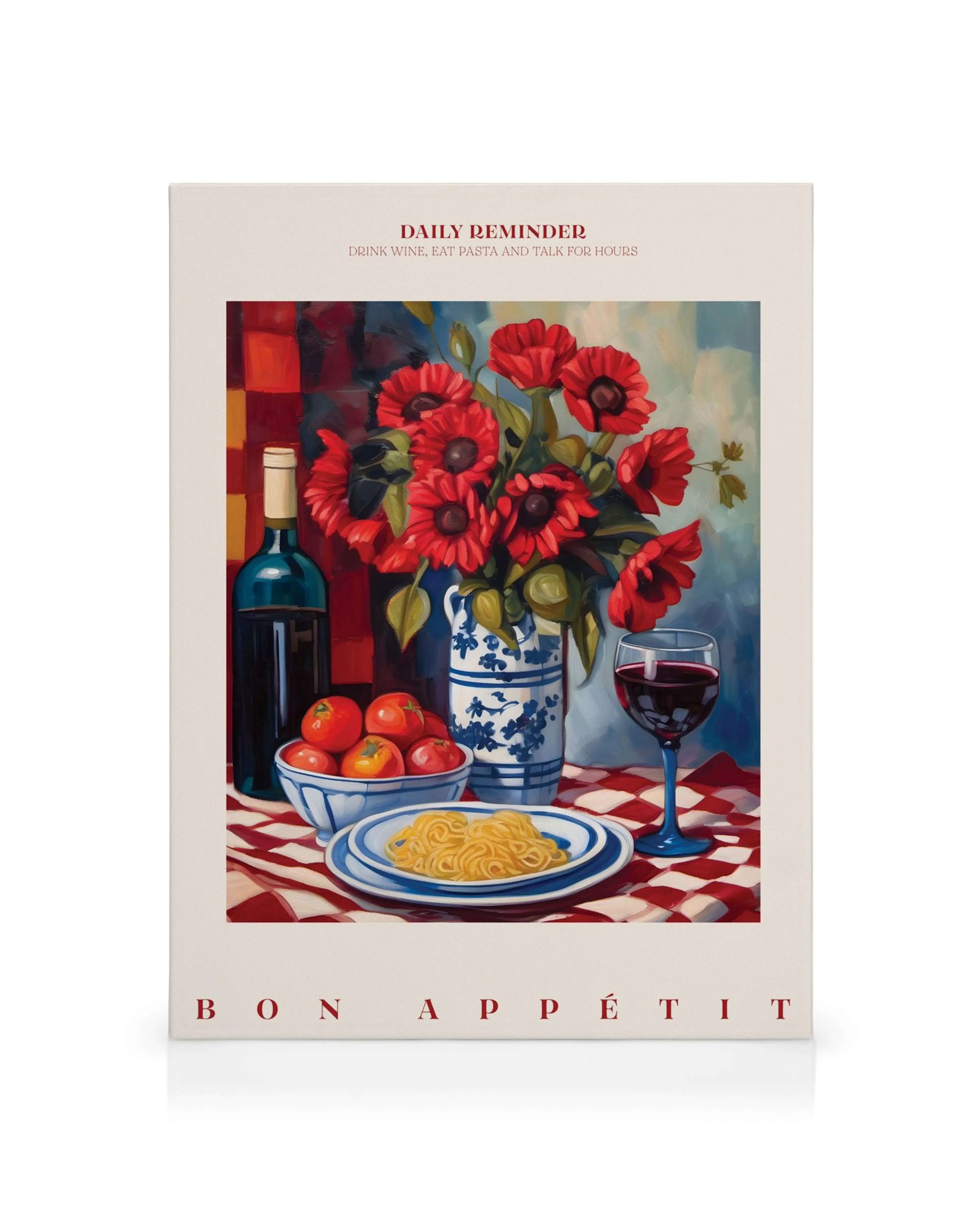 Tela decorativa com pintura de natureza morta italiana: garrafa de vinho, licoreira de papoilas vermelhas, tigela de tomates, pr