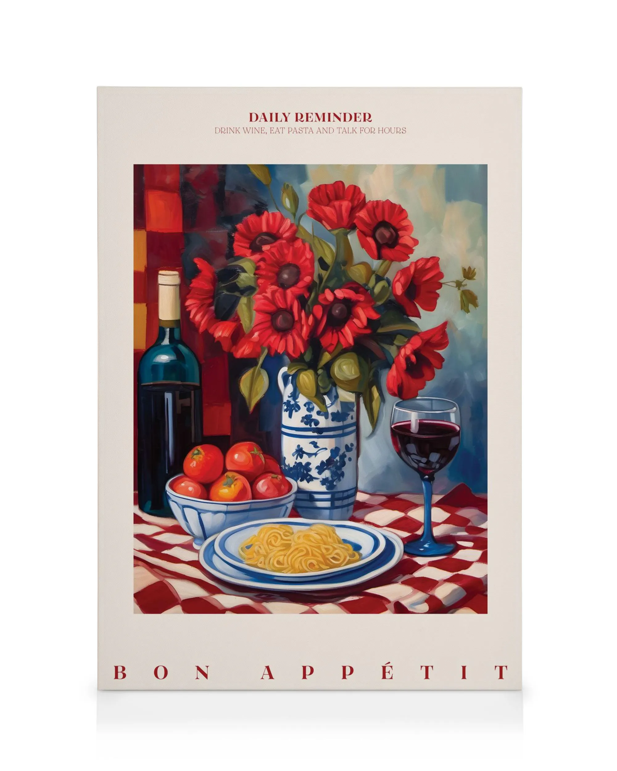 Toile Bon Appétit avec une bouteille de vin, des fleurs rouges, des tomates et des pâtes sur une nappe à carreaux.