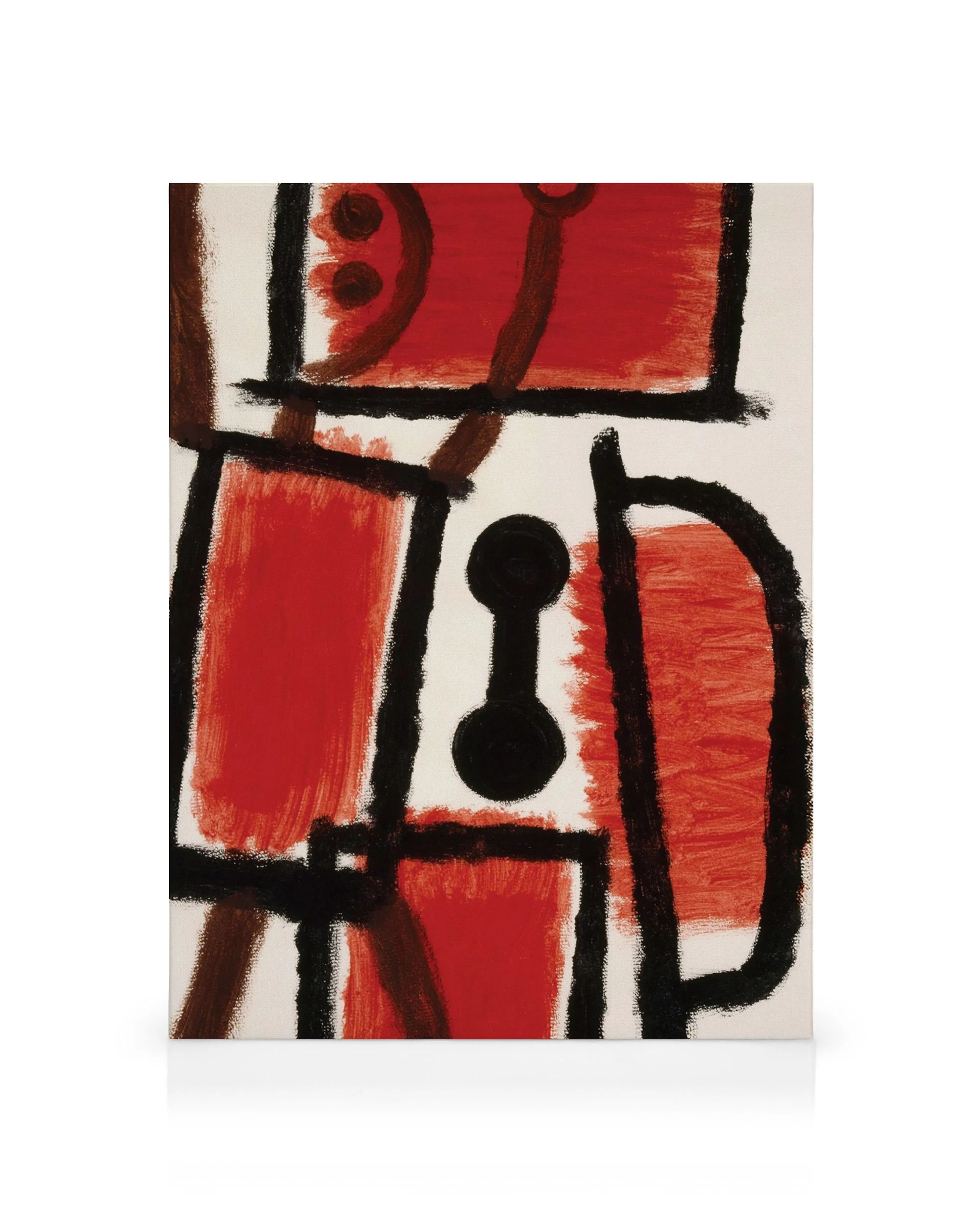Stampa su tela astratta con forme geometriche rosse, linee e cerchi neri e marroni su sfondo bianco.