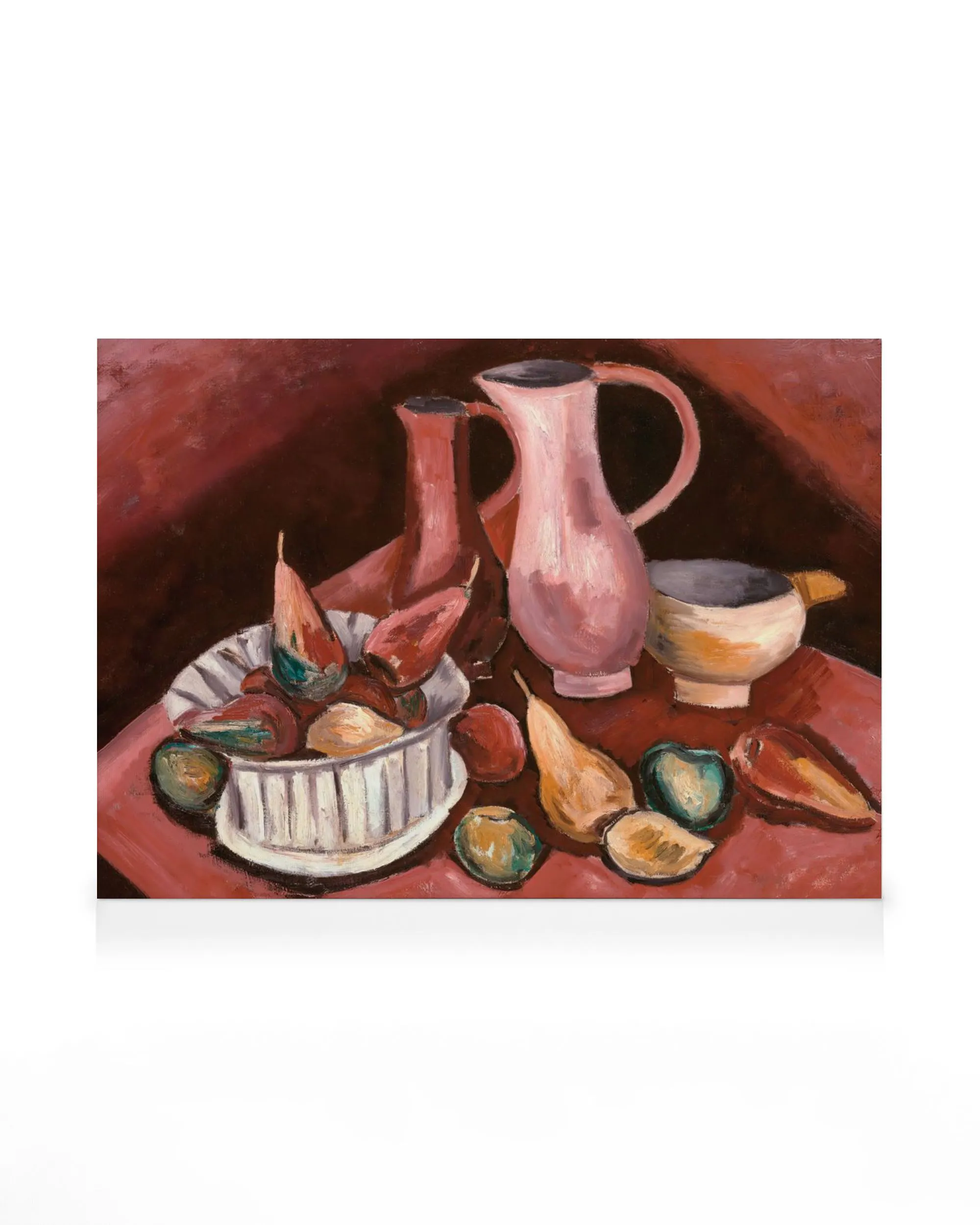 A canvas print featuring a still life painting with fruit, pears, and pitchers on a red background.