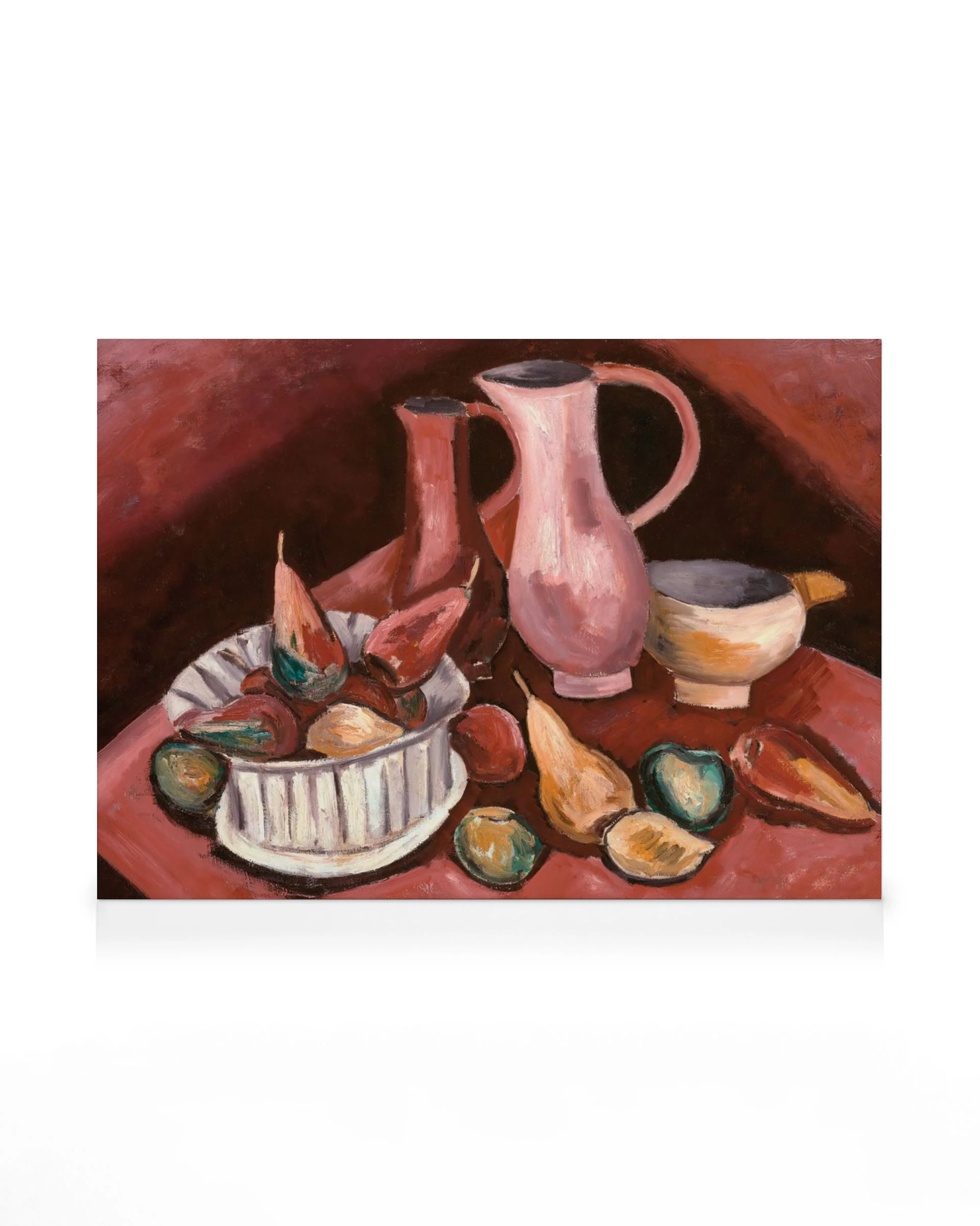 A canvas print featuring a still life painting with fruit, pears, and pitchers on a red background.