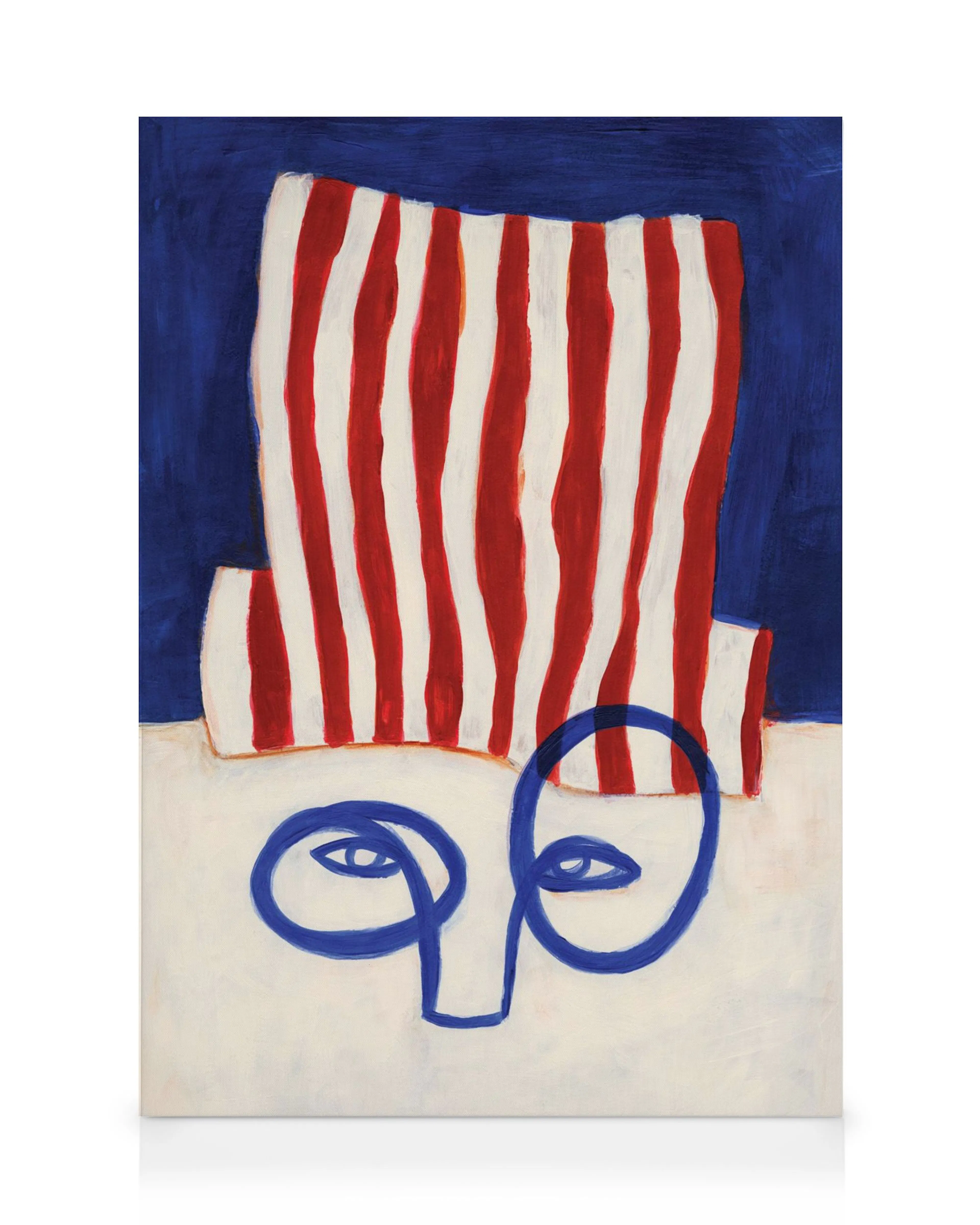A canvas print featuring an abstract portrait with a red and white striped hat and blue facial features on a white background.