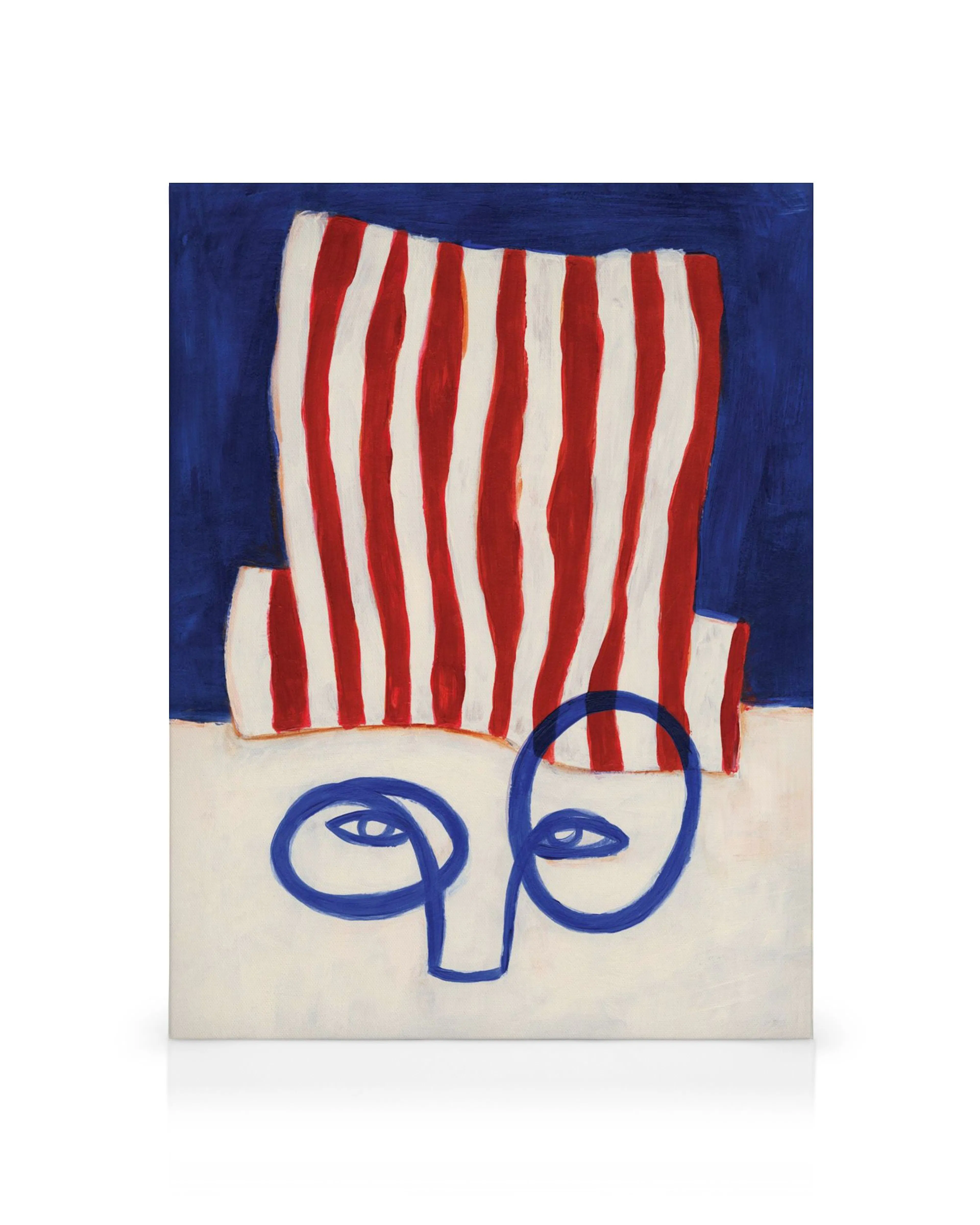 A canvas print featuring an abstract portrait with a red and white striped hat and blue facial features on a white background.