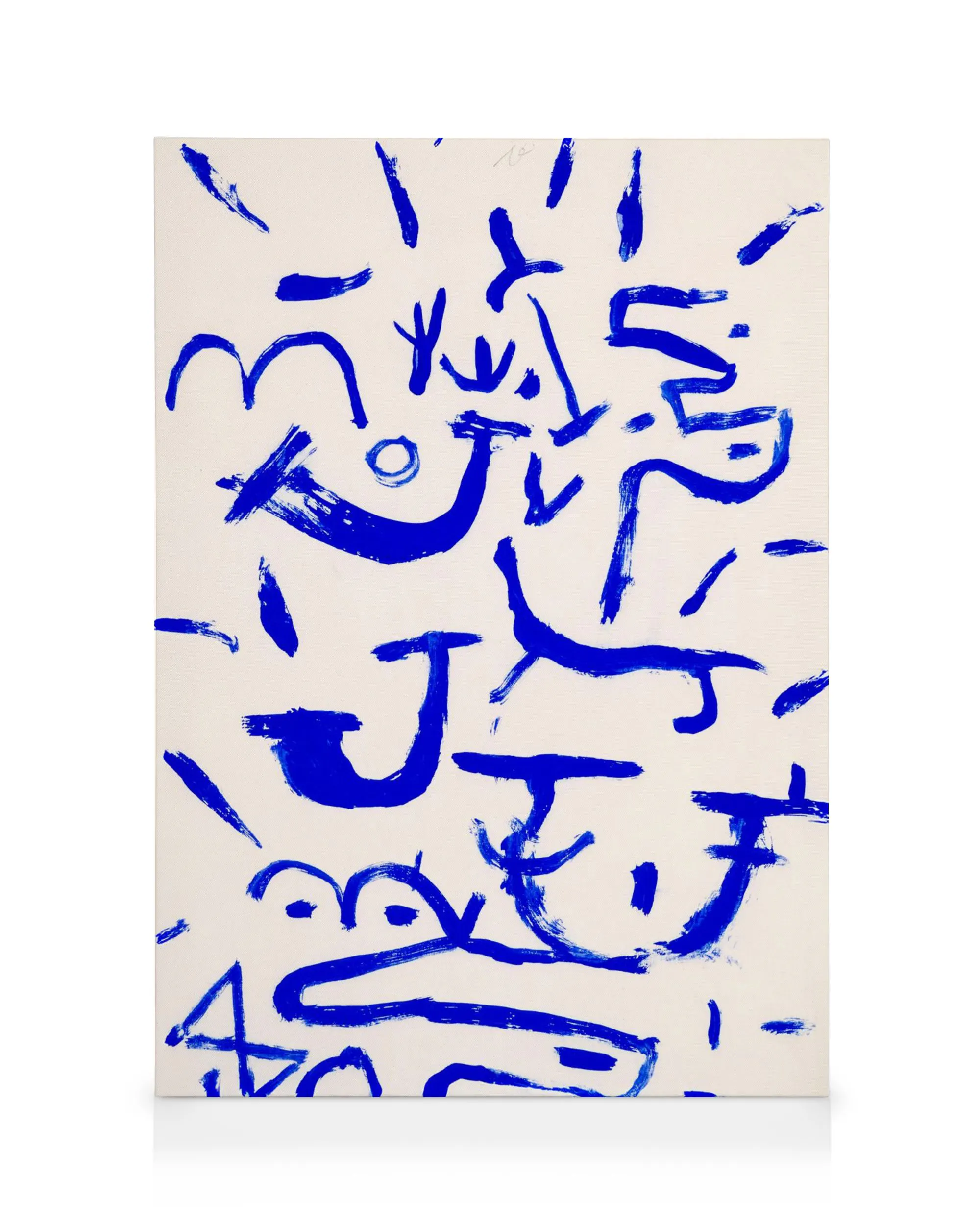 A canvas print featuring vibrant blue brushstrokes forming abstract shapes and lines on an off-white background.