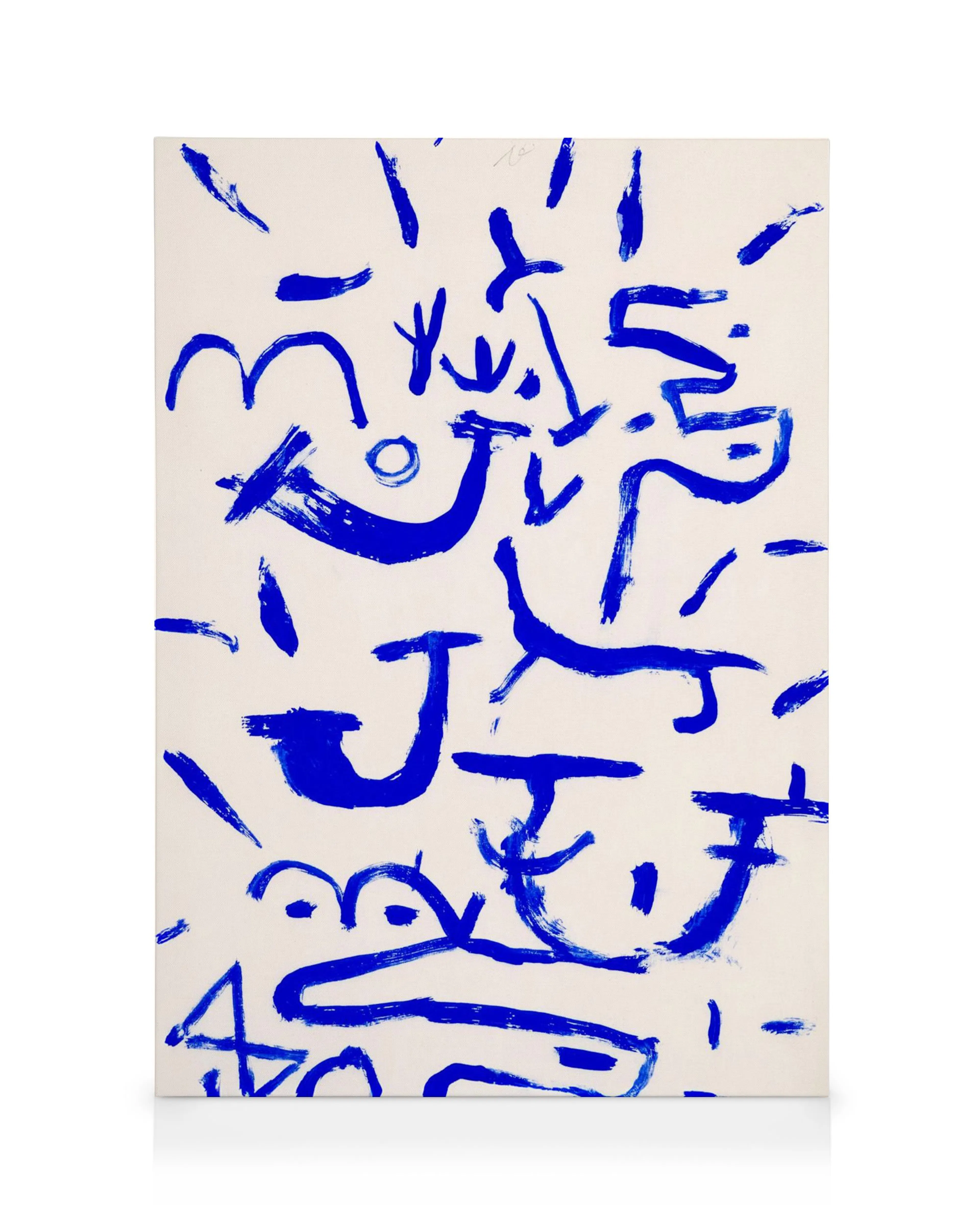 A canvas print featuring vibrant blue brushstrokes forming abstract shapes and lines on an off-white background.