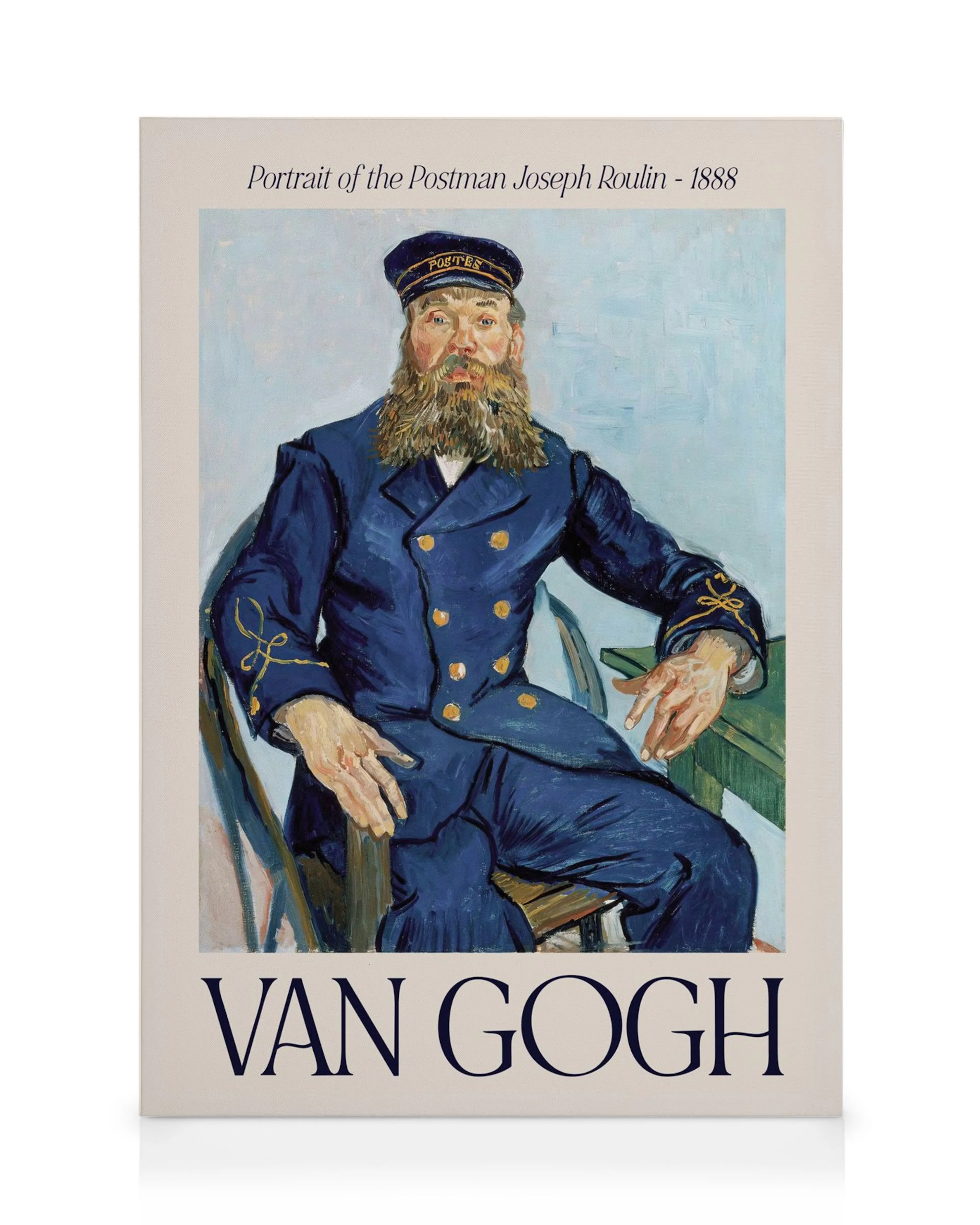 Ein Leinwandbild mit Van Goghs Portrait des Postboten Joseph Roulin, einem Mann mit Bart in dunkelblauer Uniform.