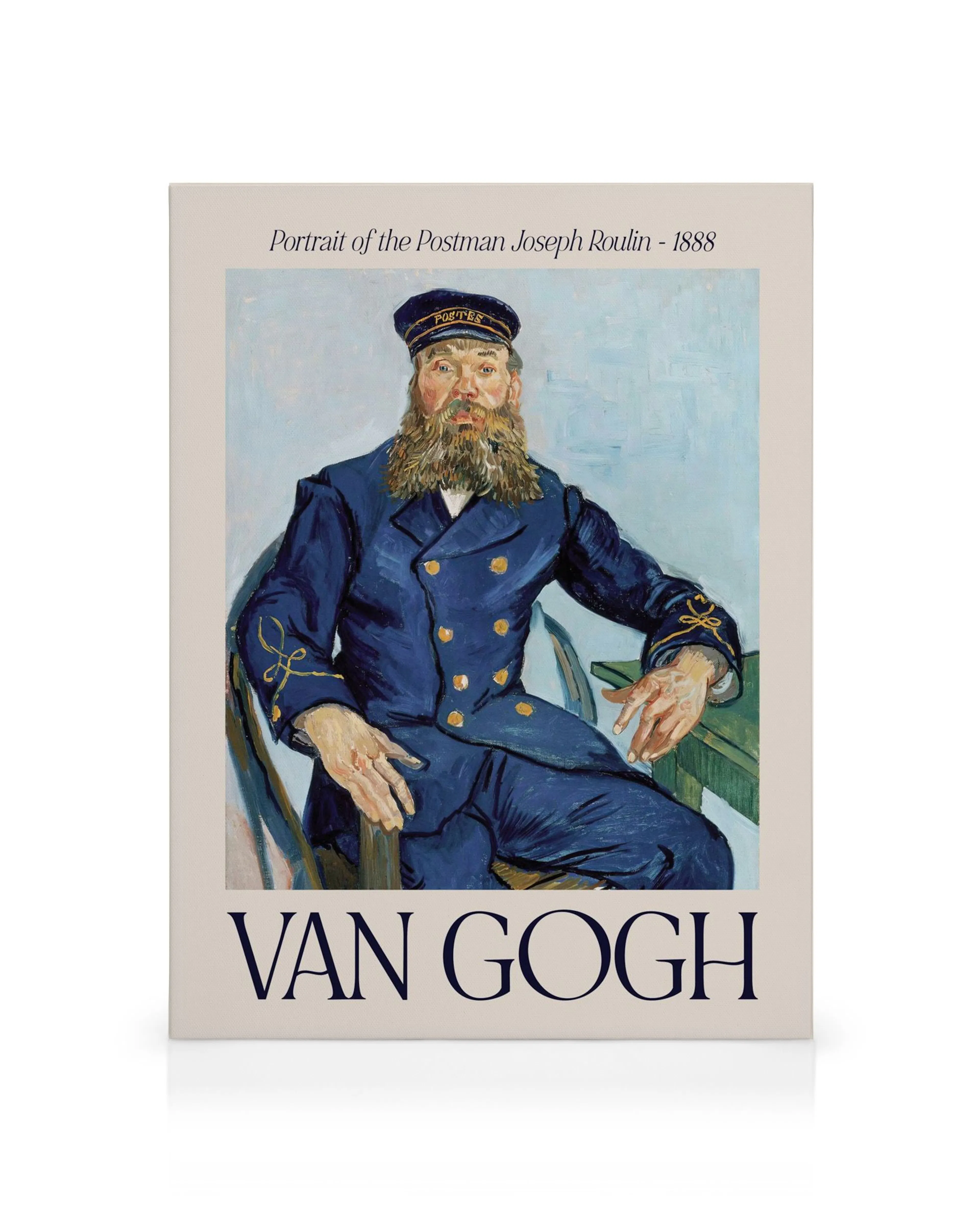 Lienzo del Retrato del Cartero Joseph Roulin de Van Gogh, con un hombre barbudo en uniforme azul sentado.