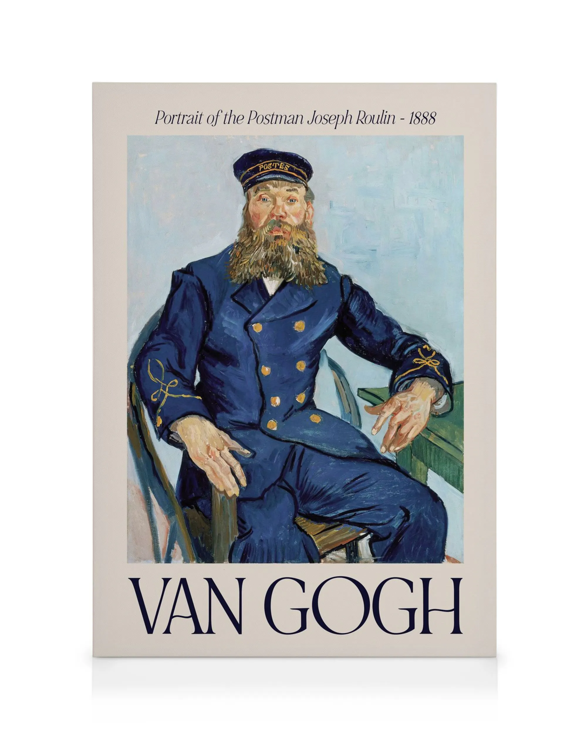 Stampa su tela del ritratto di Joseph Roulin di Van Gogh: un uomo barbuto in uniforme blu seduto su una sedia.