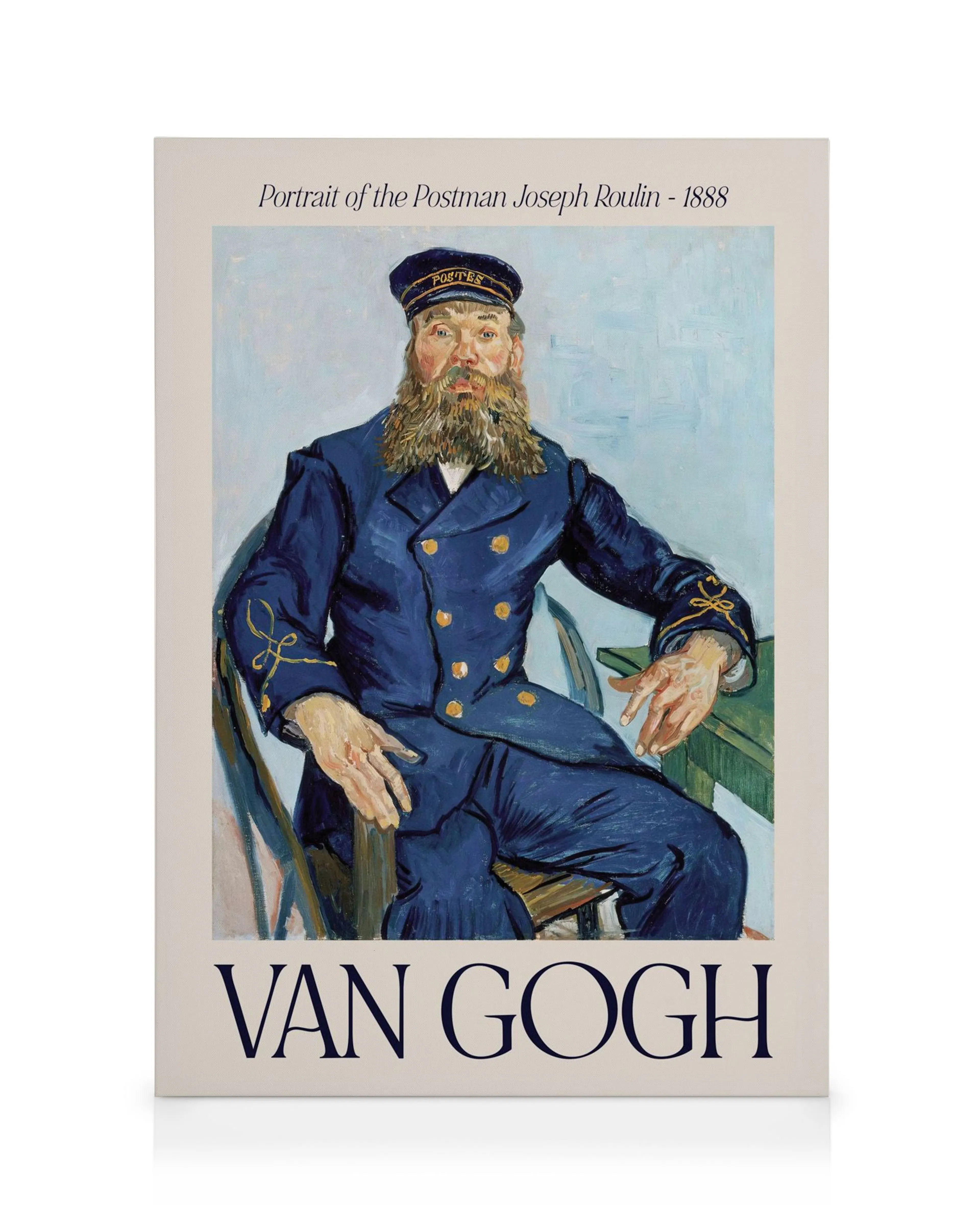 Stampa su tela del ritratto di Joseph Roulin di Van Gogh: un uomo barbuto in uniforme blu seduto su una sedia.